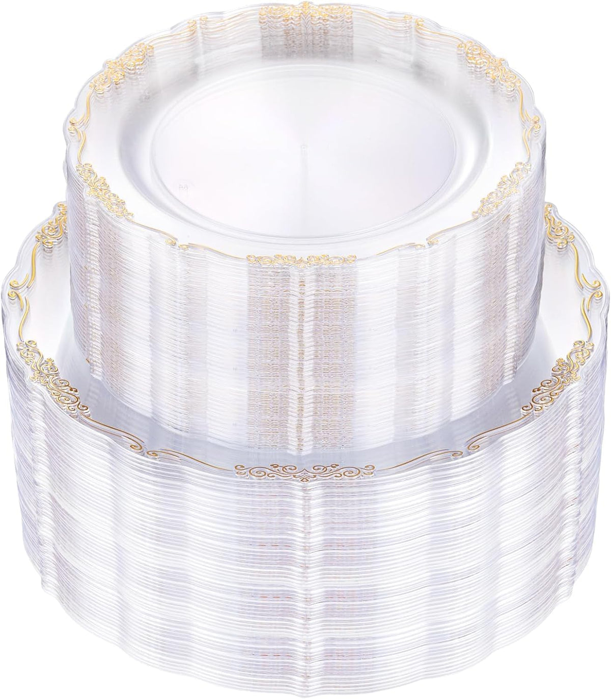 U-QE 100PCS Clear Gold Plastic Plates - Disposable Heavy Duty Clear Plates with Gold Rim Including 50PCS 10'' & 50PCS 7.5'' Perfect for Party, Weddings