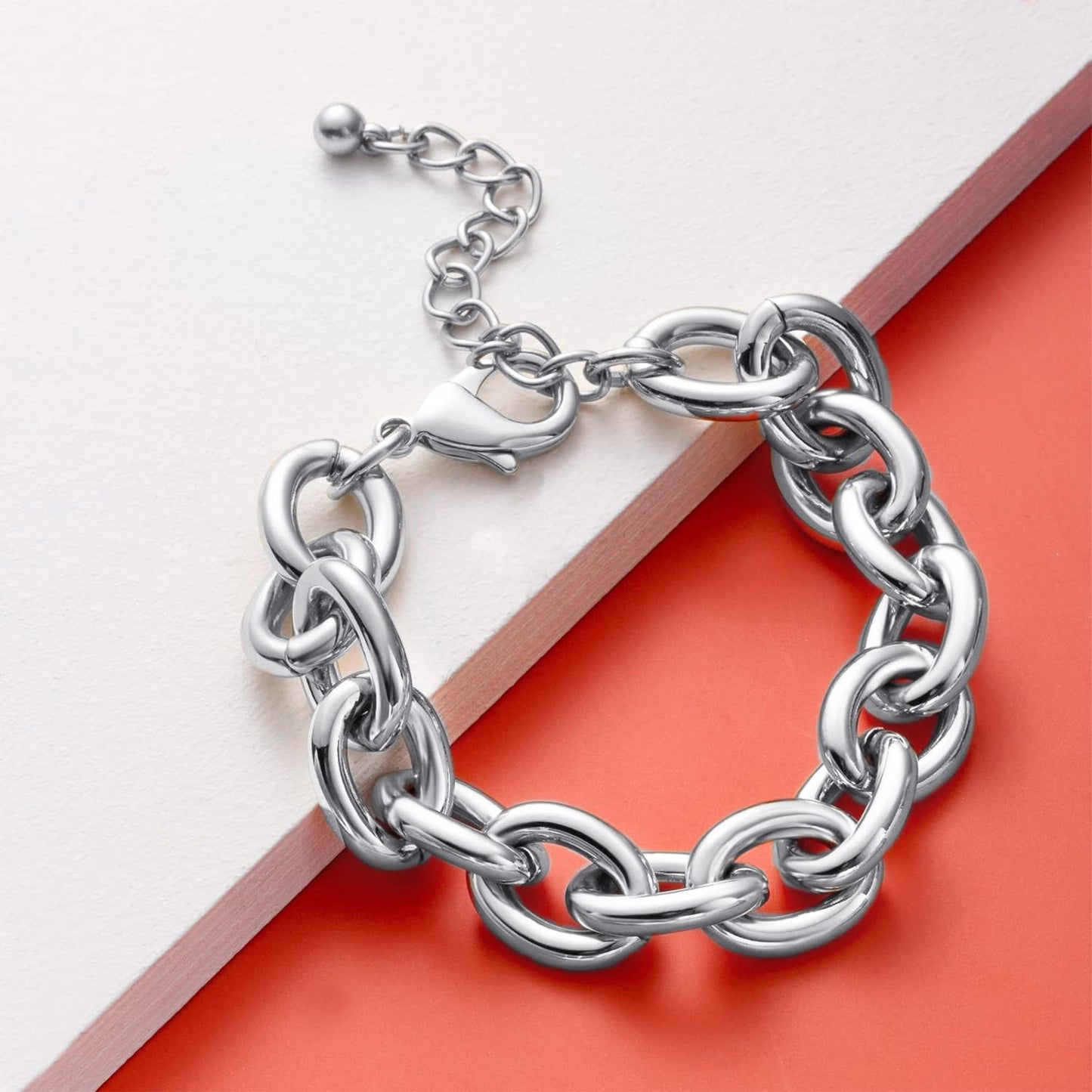 LANE WOODS Silver Bracelets for Women White Gold Plated Chunky Thick Large Link Chain Bracelet
