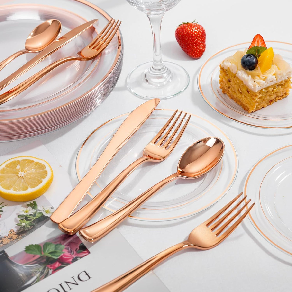 bUCLA 600PCS Rose Gold Plastic Silverware Set - Disposable Rose Gold Plastic Cutlery Include 200 Knives, 200 Forks, 200 Spoons for Party, Wedding & Mother’s Day