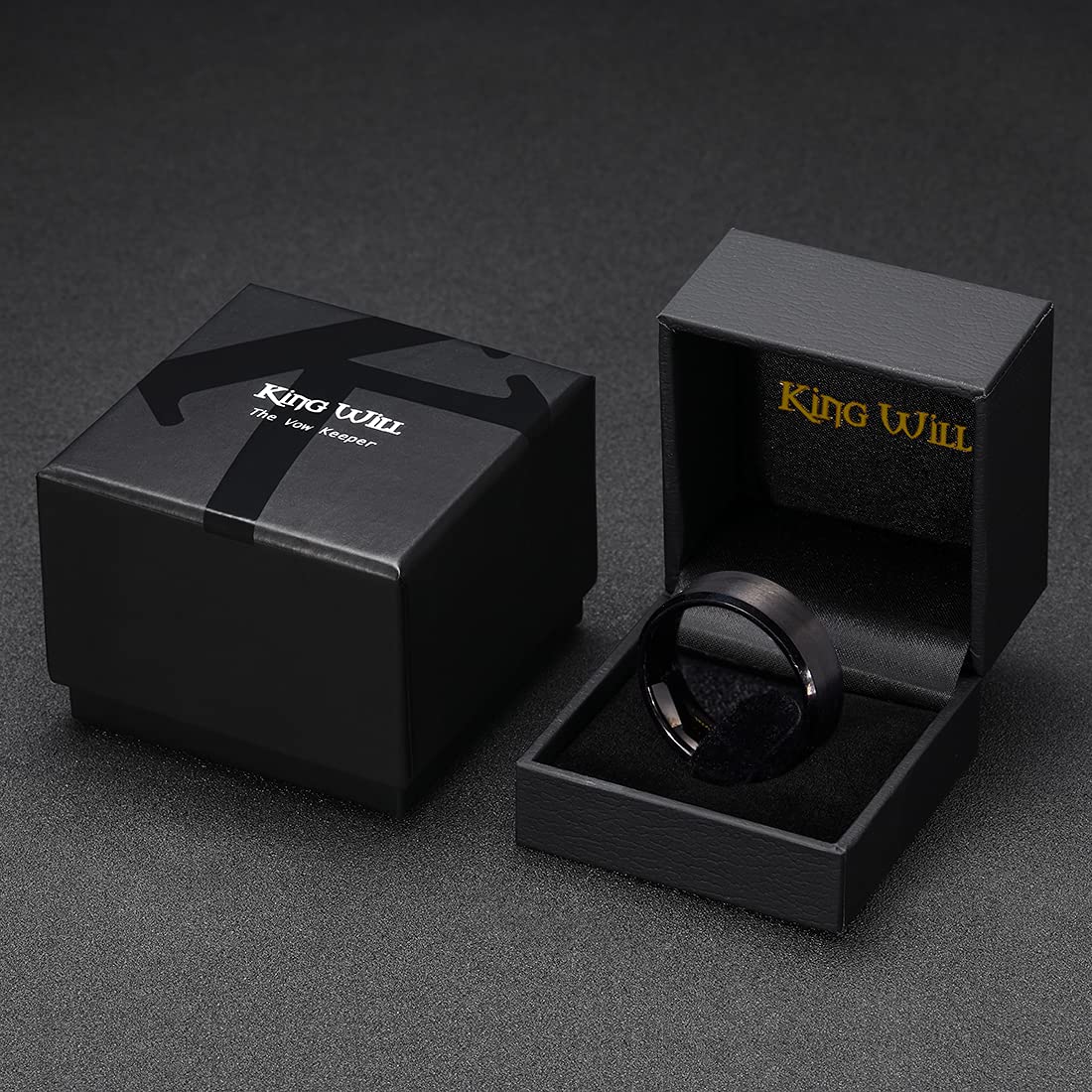 King Will 10mm Men's Black Wedding Ring - Brushed Matte Surface, Beveled Polished Edge, Comfort Fit Size 11