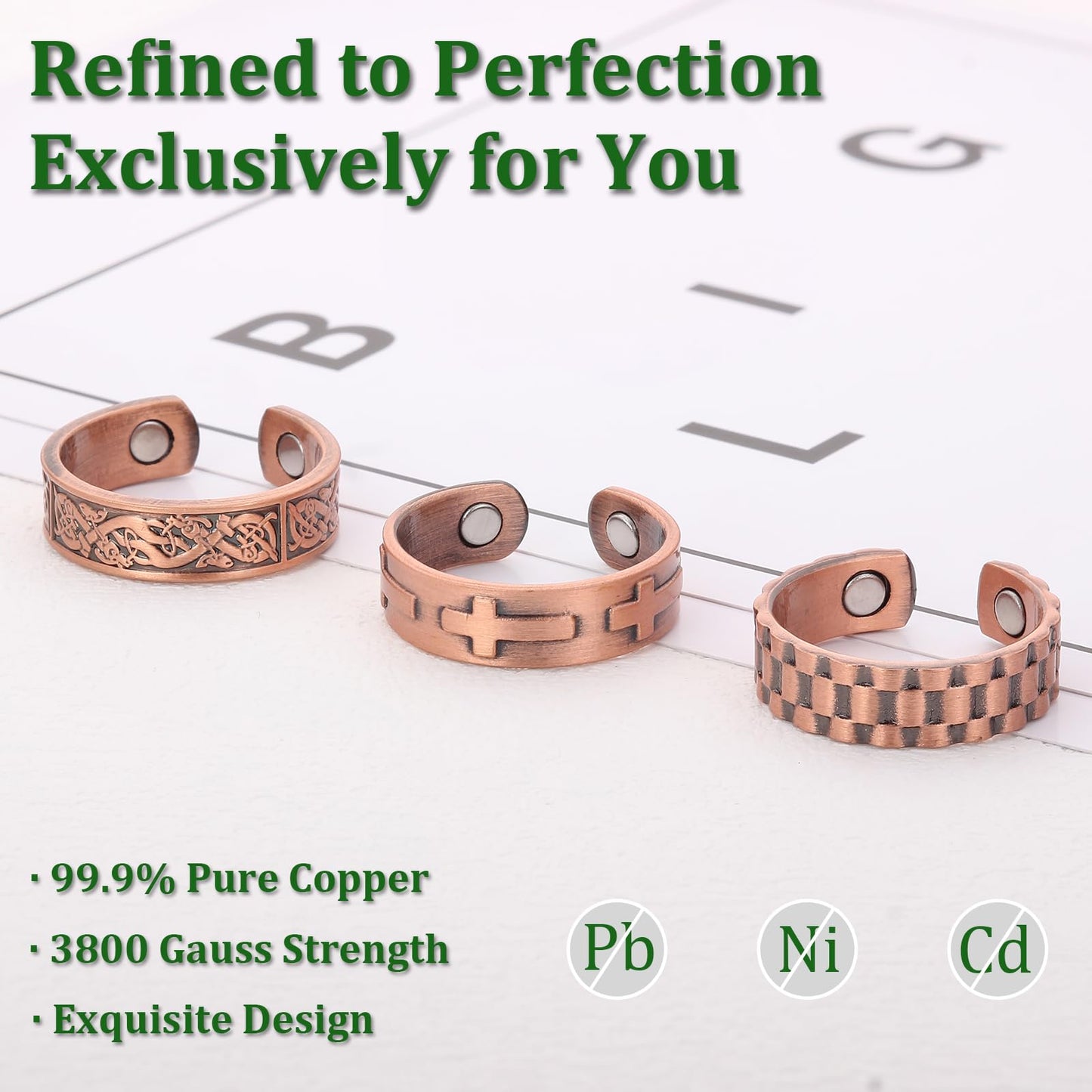 Fashtour 3 Copper Rings for Men Women, 99.9% Pure Copper Magnetic Rings, Adjustable