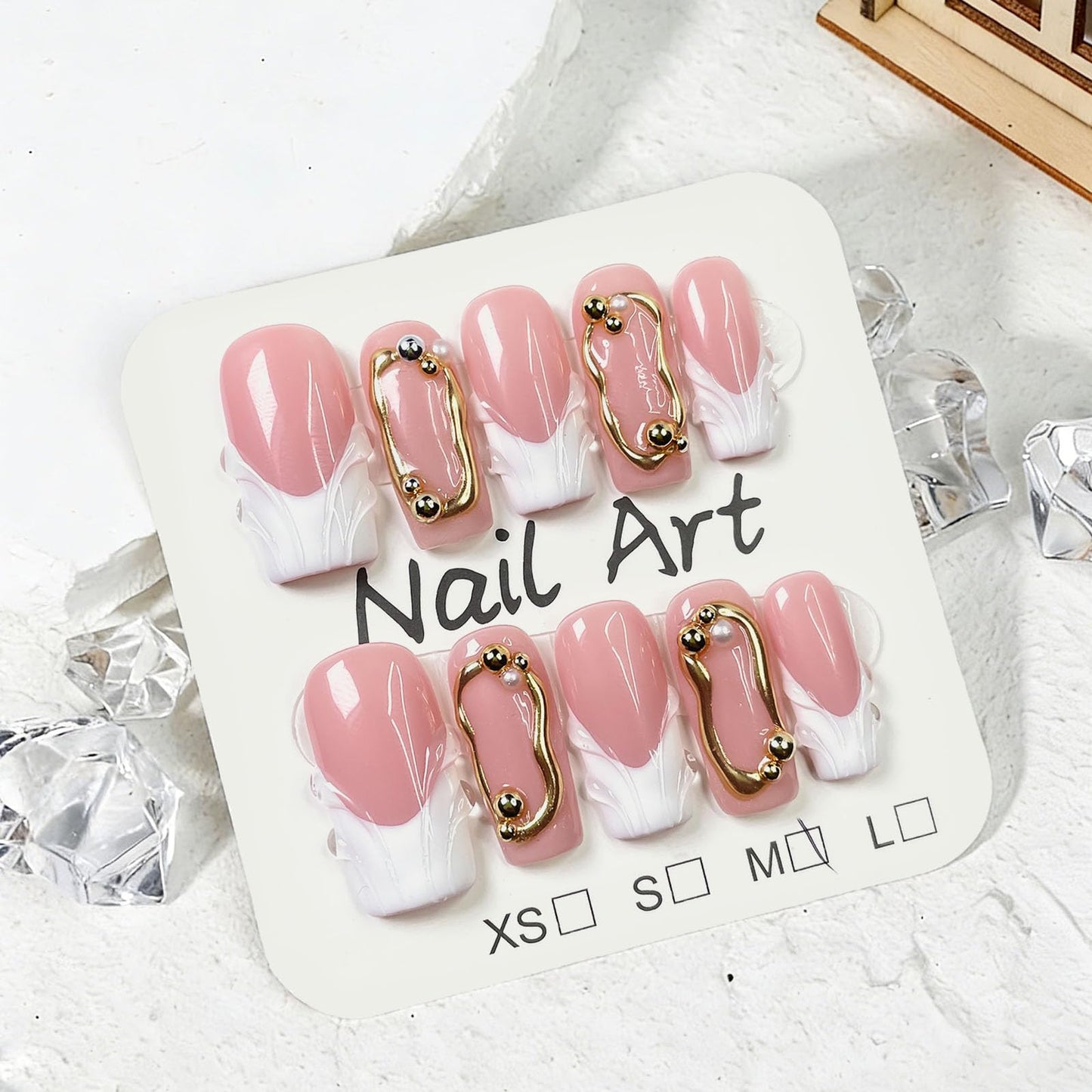 10 Pcs Handmade Press on Nails Medium Square Fake Nails with 3D Glod Curve Design White French Tip False Nails Pink Acrylic M Size Press Ons Nails Square for Women Nail Art