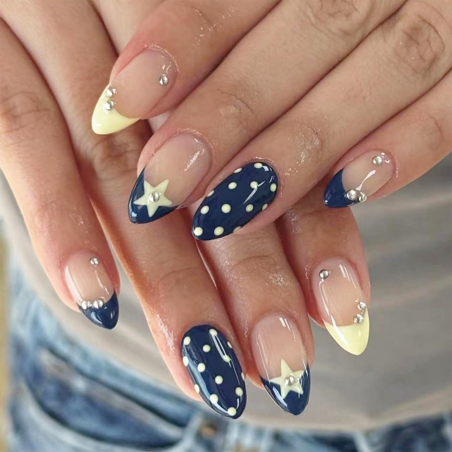 octoswave Press on Nails Long Almond Shape Star and Polka Dot Design Celestial Navy Blue French Tip False Nails for Women Party and Prom Night 24 Pcs