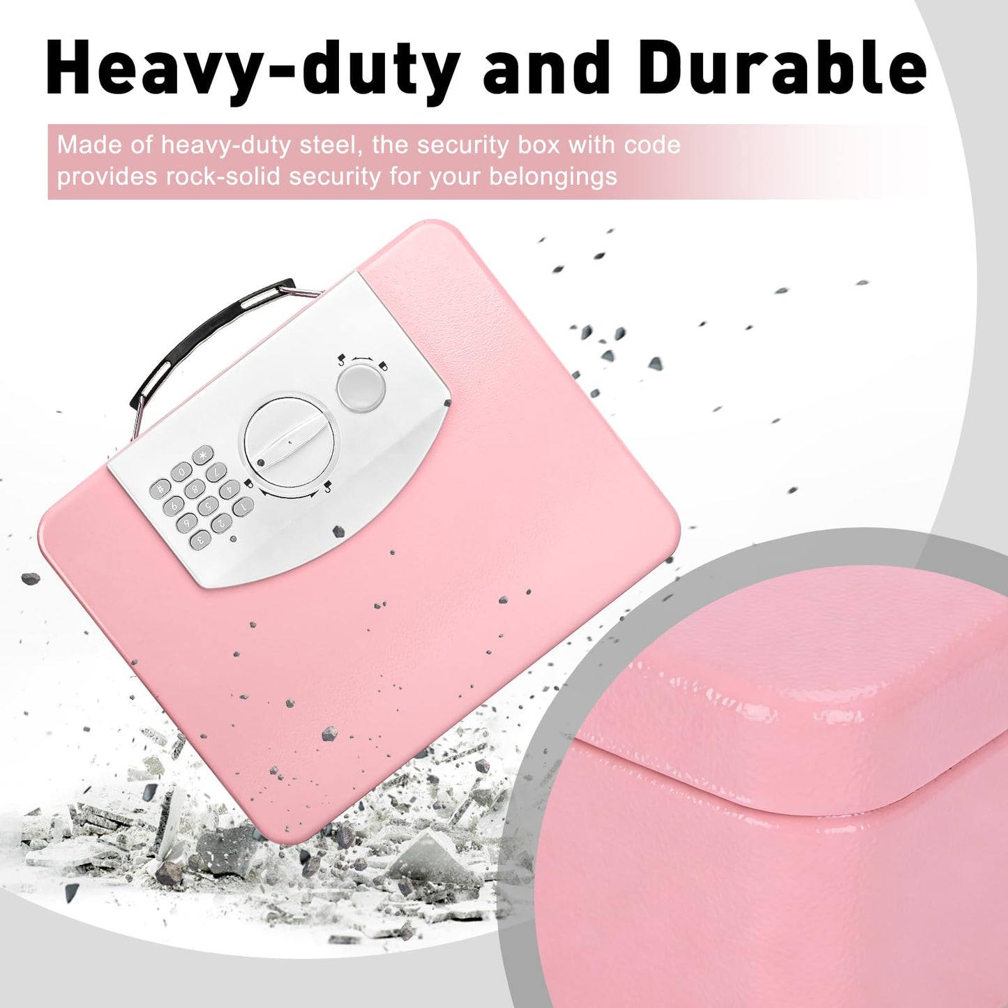 KYODOLED Pink Safe Box with Digital Keypad Lock, Lock Box with Code for Personal Items, Metal Security Box for Cash, Passport, Jewelry, Ideal for Home, Office, Garage Sale, 11.8'' x 9.4'' x 3.5''