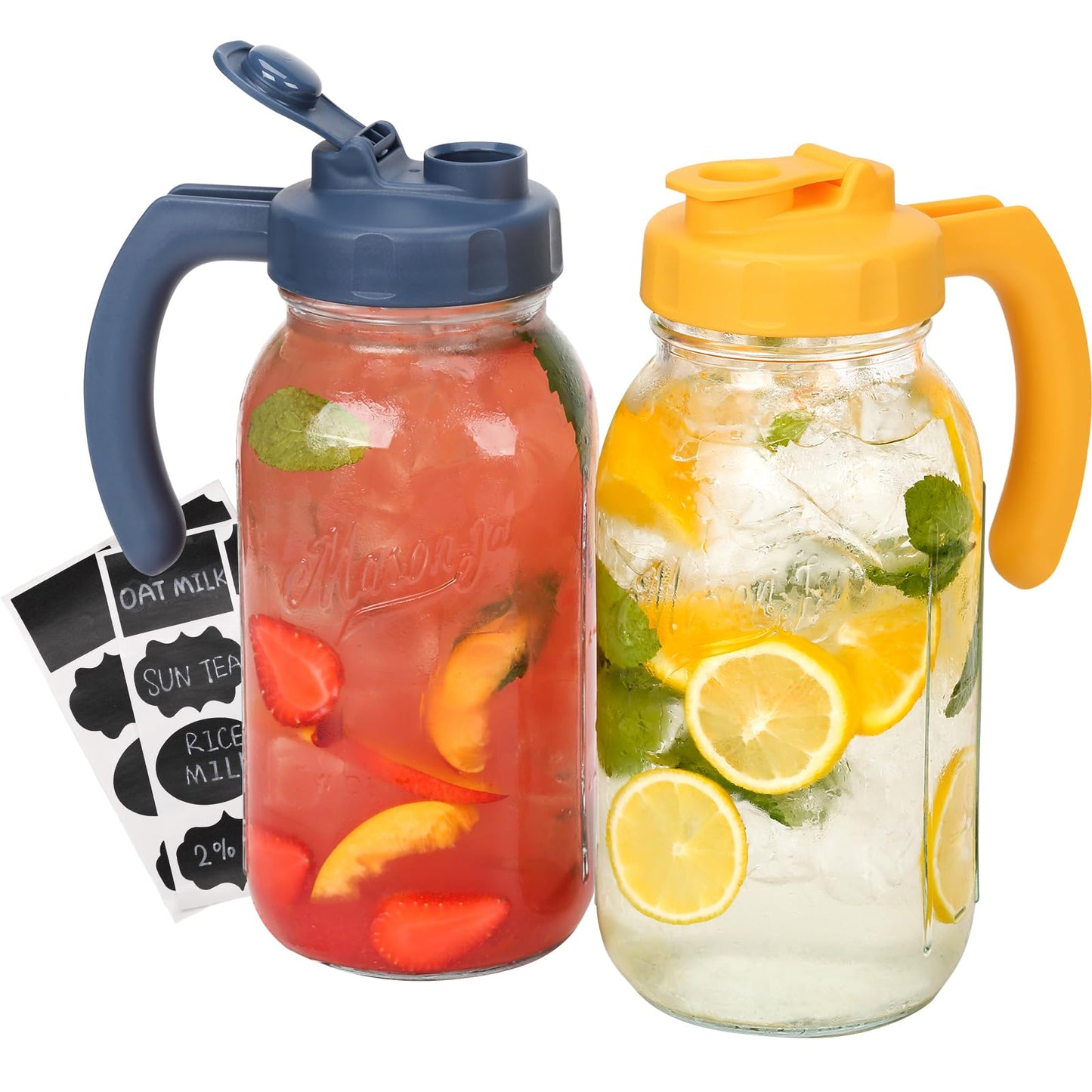 Soligt Glass Mason Jar Pitcher with Lid, Wide Mouth Flip Cap Pour Spout Leak-proof Lid with Handle, 64 oz (2 Quart / 1.9 Liter), Navy and Yellow, 2 Pack