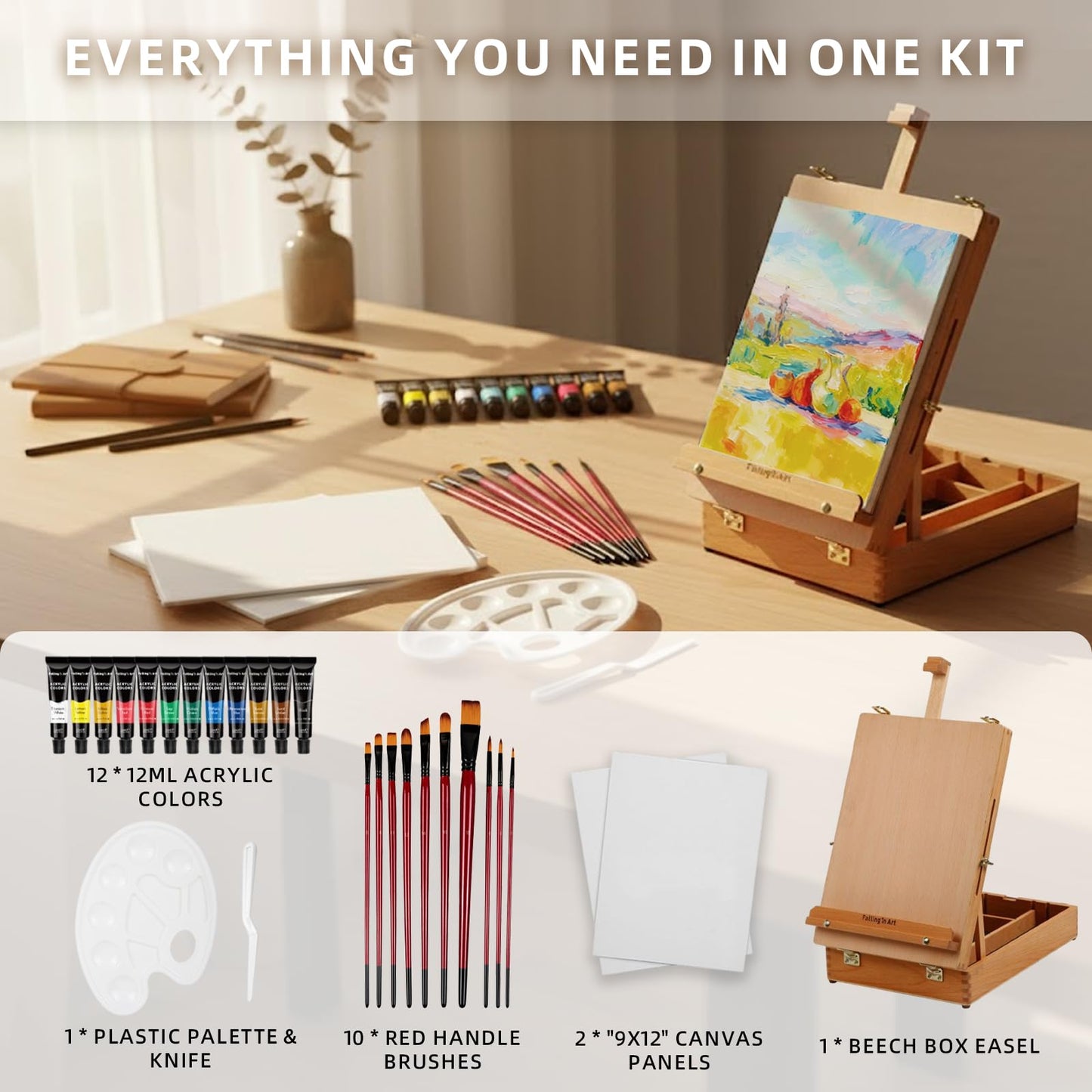 Falling in Art Beechwood Easel Box Set, 27 Pcs Tabletop Acrylic Paint Set, Portable Display Easel Stand with 12 Acrylic Paints, Canvas Panels and Brushes, Suitable for Beginners and Professionals