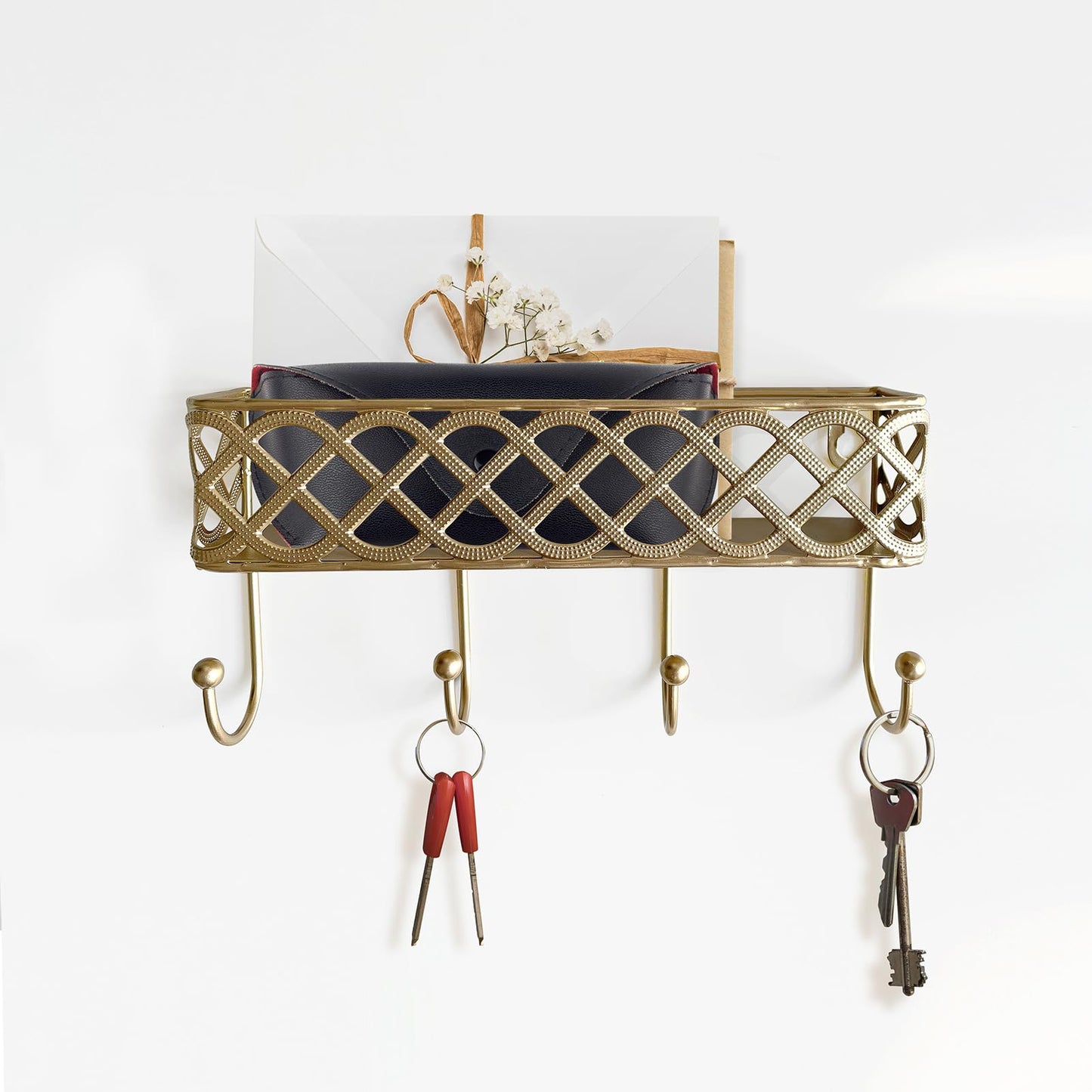 MUYUSEN Celtic Knot Key Holder Wall Shelf - Entryway Wall Mounted Organizer with 4 Hooks, Metal Storage for Keys, Wallets, Bags, Hats (Golden)