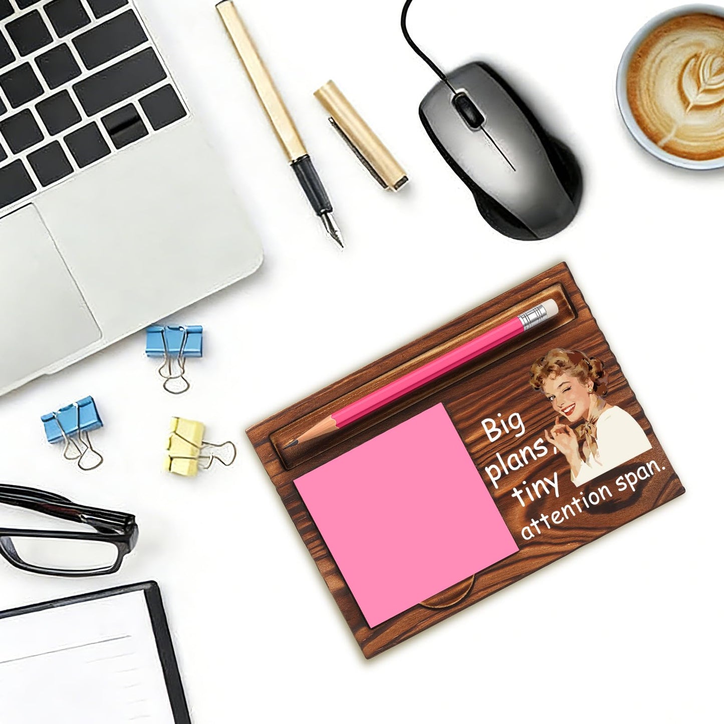 Funny Office Gift for Coworker, Sticky Note Holder Desk Organizer, Big Plans Tiny Attention Span Humor Desk Decor Appreciation Present YCB173
