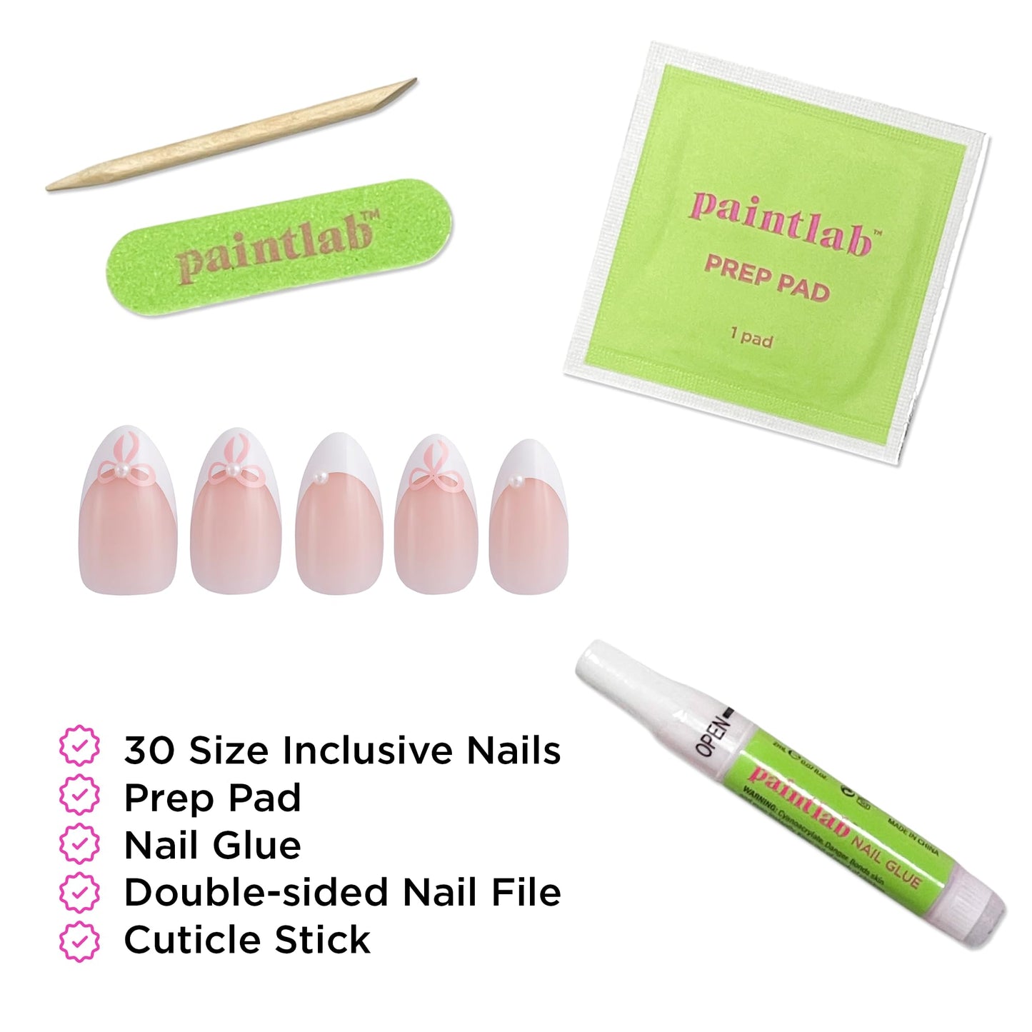 PaintLab Press On Nails - Belle Bows 3D Pearl French Tip Short Almond Fake Nails, 30 Nails in 15 Sizes with Glue, Reusable Salon Quality Press On Nails