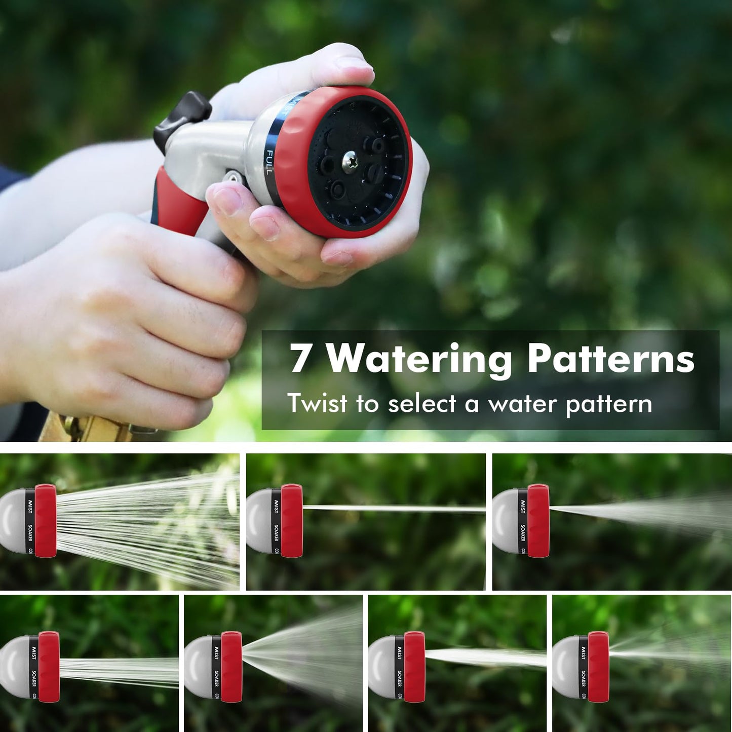 RESTMO Garden Hose Nozzle, Heavy Duty Metal Water Hose Nozzle with 7 Adjustable Spray Patterns, High Pressure Hand Sprayer with Flow Control, Best for Watering Plants & Lawns, Washing Cars & Pets, Red