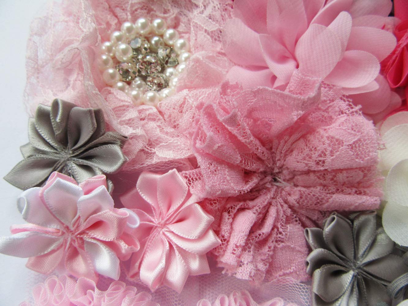 YYCRAFT 40pcs Craft Chiffon Flowers, Handmade Hair Flowers for DIY Headband Kit Bow Kit(Pink/Grey/Ivory)