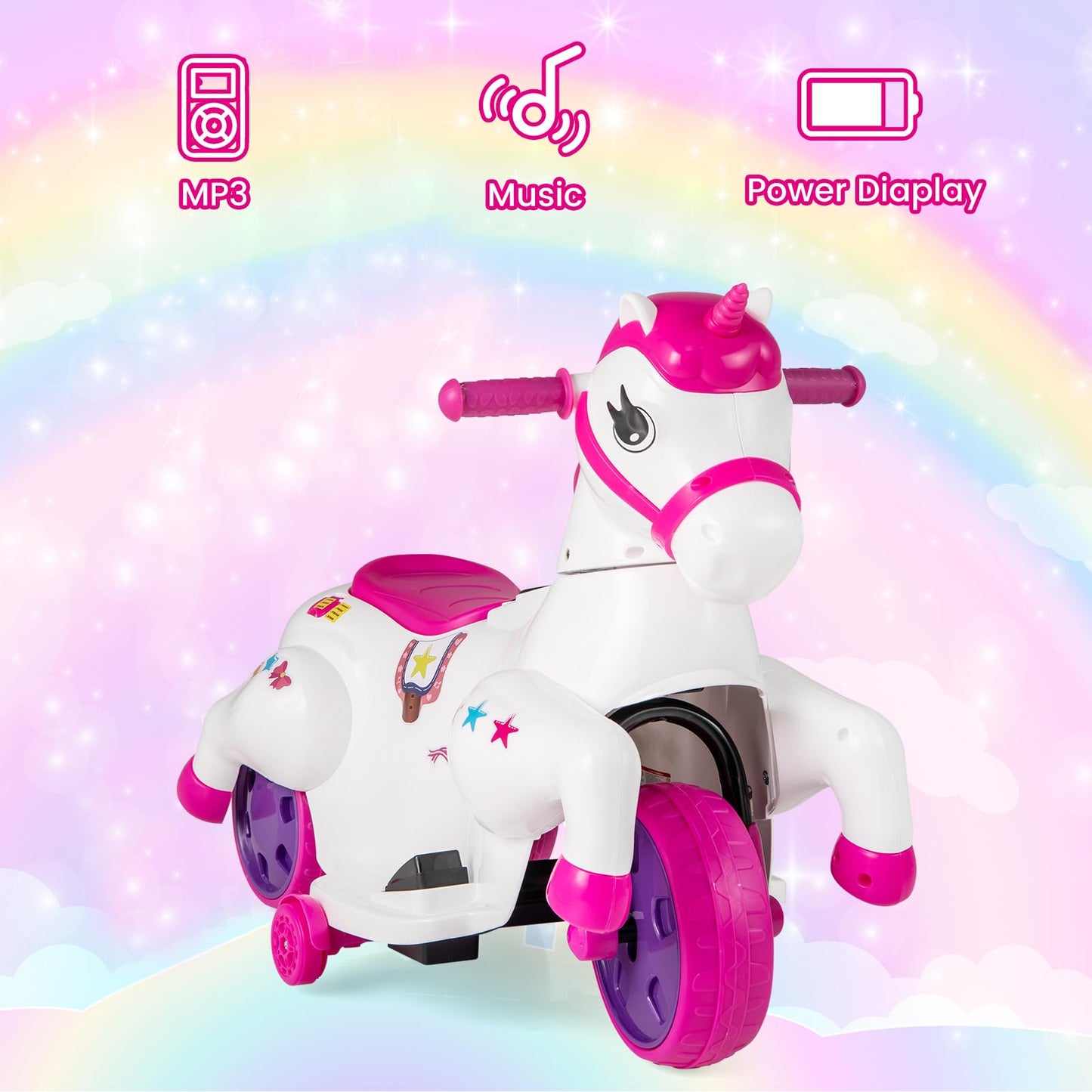 OLAKIDS 2 in 1 Ride on Motorcycle and Horse, Unicorn 6V Battery Powered Ride on Toy with Up & Down Function, MP3, Power Display, Training Wheels, Kids Electric Vehicle Aged 3-6 Years (Pink)