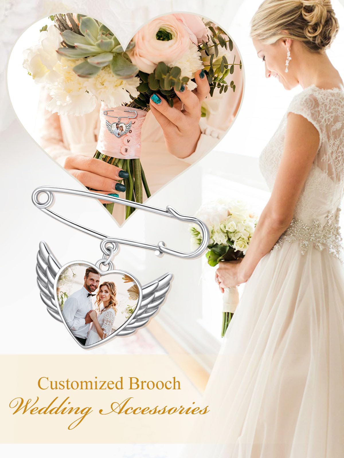 Custom4U Picture Customized Brooch with Angel Wing for Wedding Birthday Silver Pin for Bride Groom Father Mother(With Gift Box)