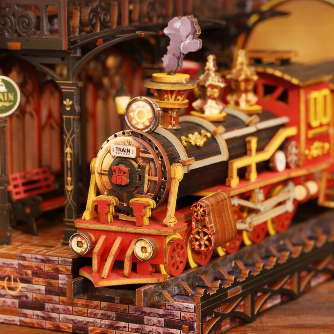 Bzmkpta DIY Book Nook Kit, 3D Wooden Puzzle Miniature House Model for Adults, Book Shelf Decor with LED Light, Miniature Bookstore Scenewith Steam Train, Creative Craft Kits for Adults