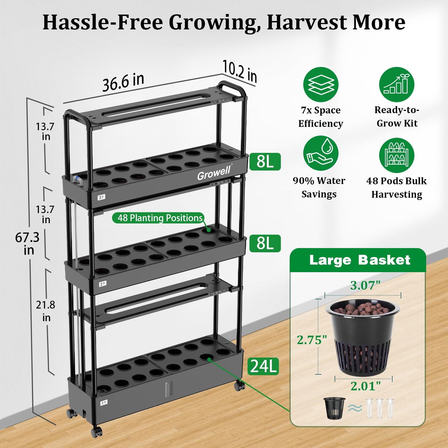 Large Hydroponics Growing System Kit, 48 Pods Vertical Hydroponic Garden, with 48 Large Buckets, 40L Indoor Garden System for Herb Vegetable Fruit, with 2 Light Modes, Auto Circulating Water System