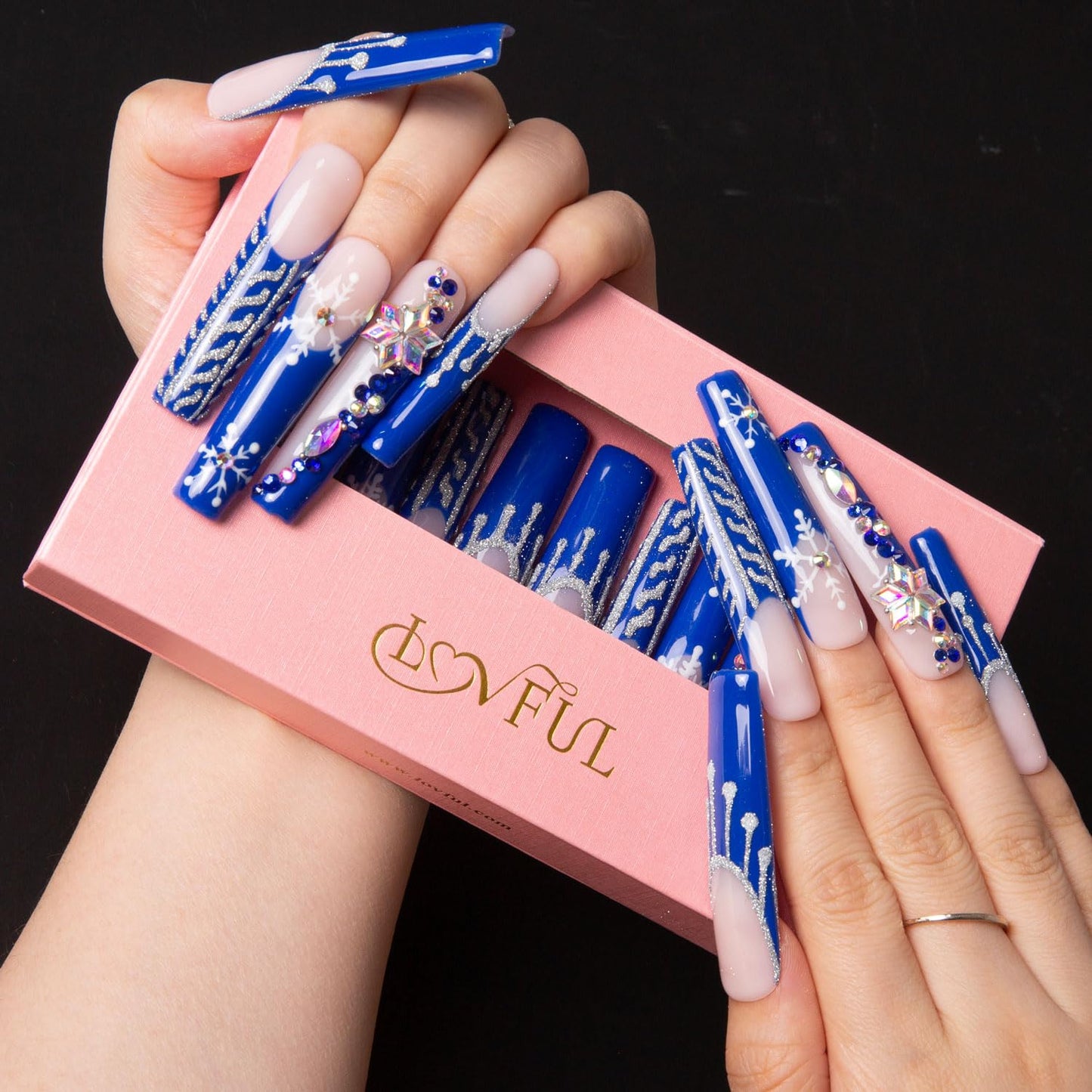 LOVFUL Press on Nails Snow Waltz Blue French Tip| Handmade with Full Covered Crystals | Reusable Fake Nails | Square Long 2.2 in | H140-M