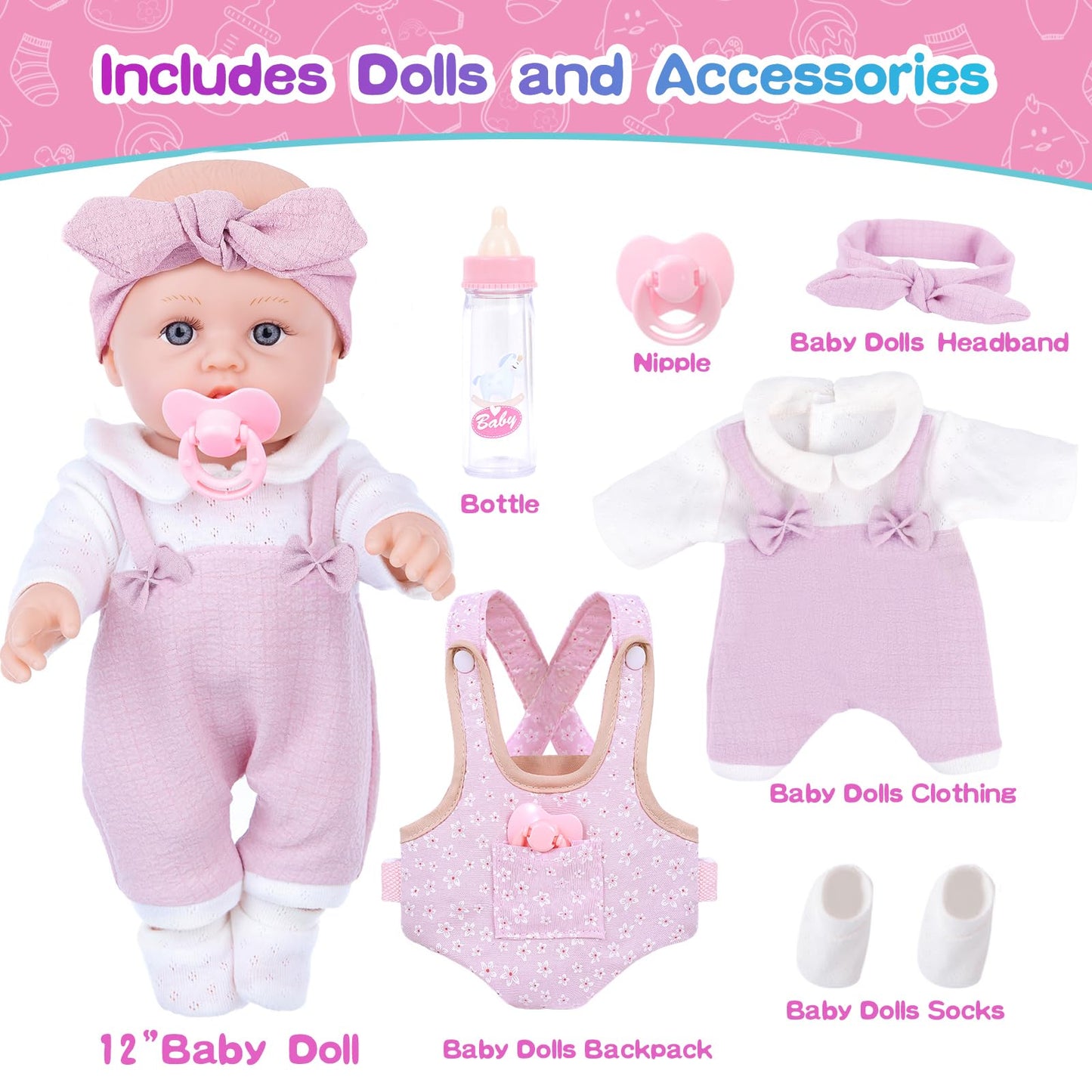BDDOLL 12'' Baby Doll Playset with Clothes and Dolls Carrier Accessories Included Baby Carrier, Bottles, Nipple, Socks, Headbands