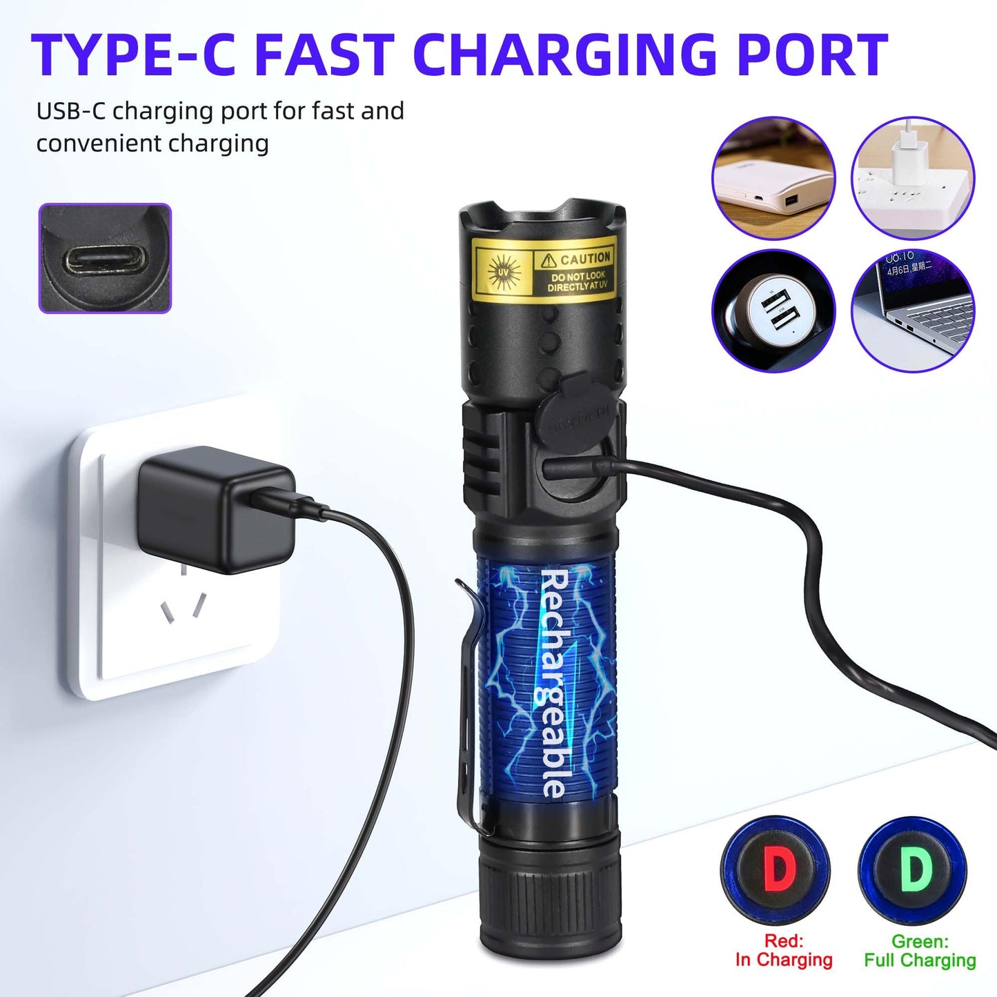 WMCODMW UV Flashlight Black Light 365nm, Mini Powerful 3xLED Ultraviolet Blacklight Rechargeable Woods Lamp, Handheld Pet Urine Detector for Dog/Cat Urine, Stains, Resin Curing, Rocks Finder