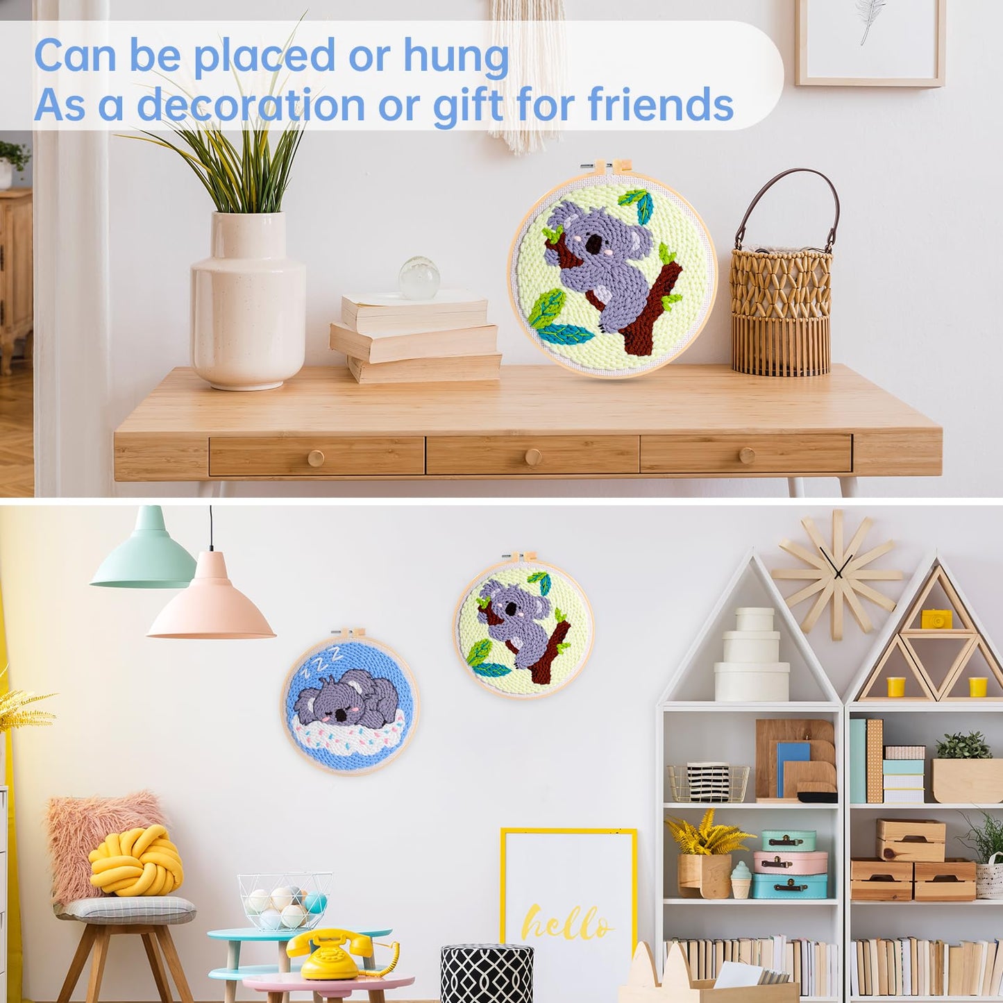 iienjoy 2 Pcs Koala Punch Needle Kit - Easy Punch Needle Embroidery Kits for Beginners Adults, Cute Animals Art Work Decor Punch Stitching kit with Tools, Yarns, Hoop, Instruction