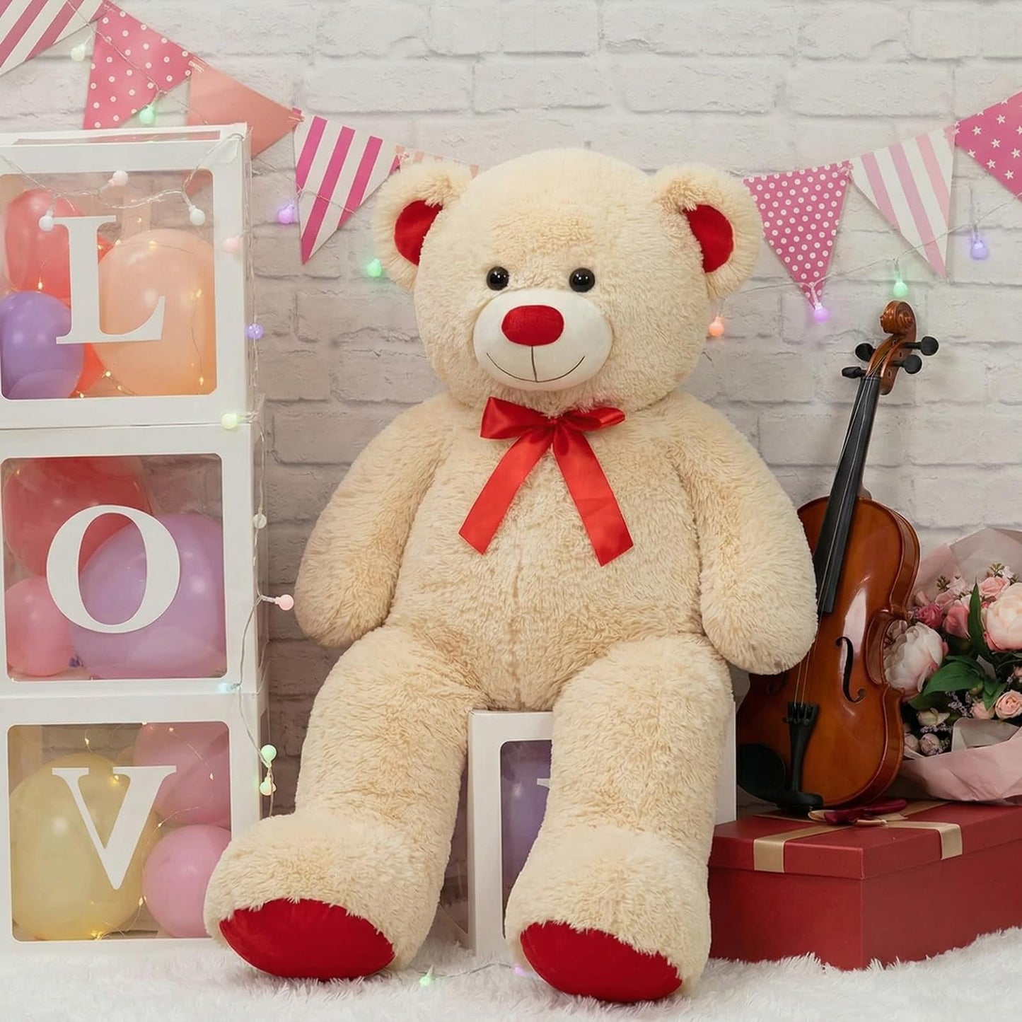 WENMOTDY Huge Teddy Bear Stuffed Animal Giant Teddy Bear Plush with Red Ribbon Bow Day Plush Toy Gift for Girlfriend and Kids 36 inch Beige