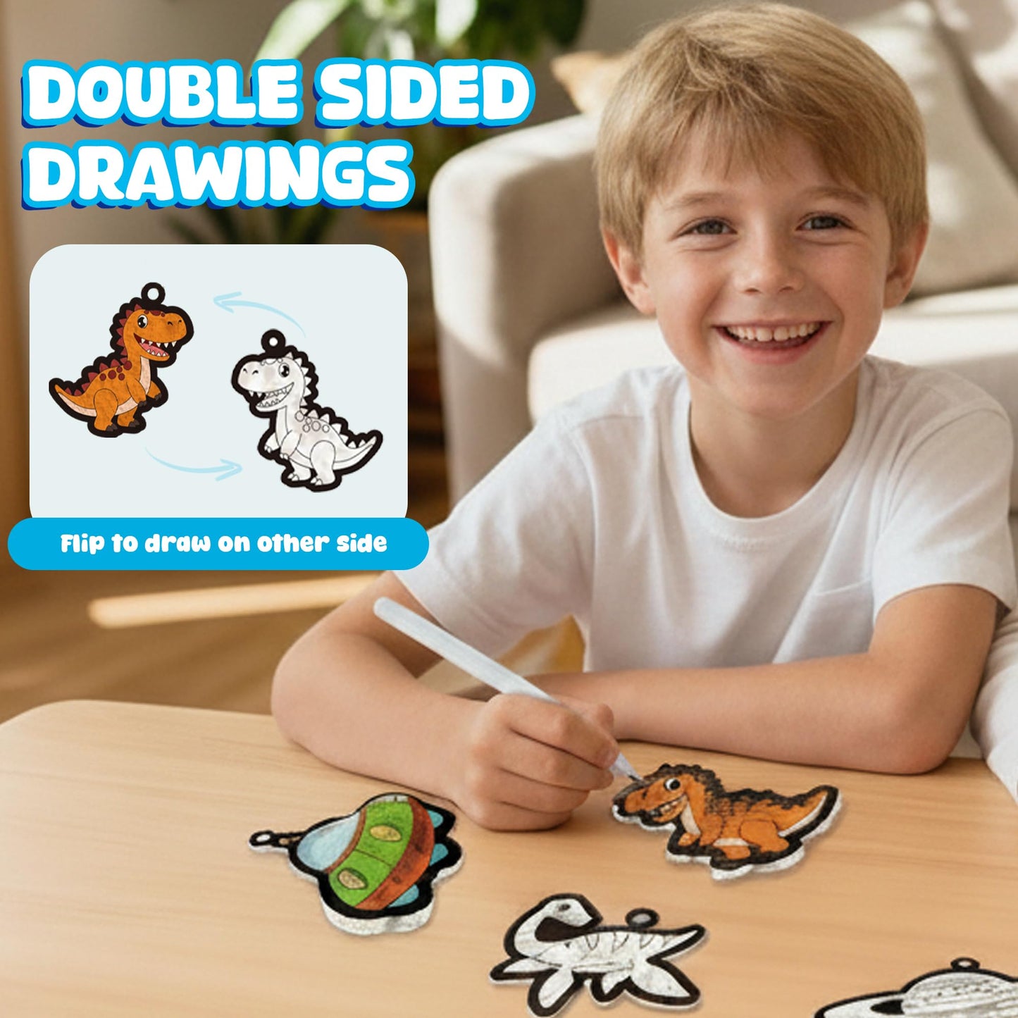 Aqua Puffs Fluffs Mess-Free 3D Art Puffs Kit for Kids Double-Sided Water-Activated Craft with Dinosaur & Space Designs, No Glue or Paint, Creative Activity for Boys & Girls Ages 3–8 Dinosours & Space