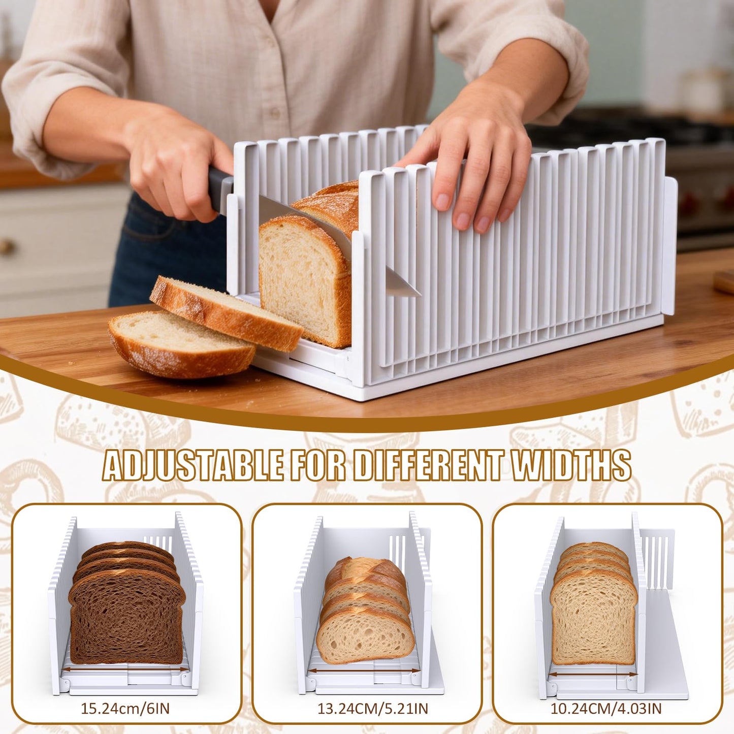 Fanlory Bread Slicer,Adjustable Thickness And Width Guide Bread Slicer, Foldable and Compact Bread Slicing for Homemade Bread - Kitchen Gadget, Baking Tool,Gift for Mom Dad white