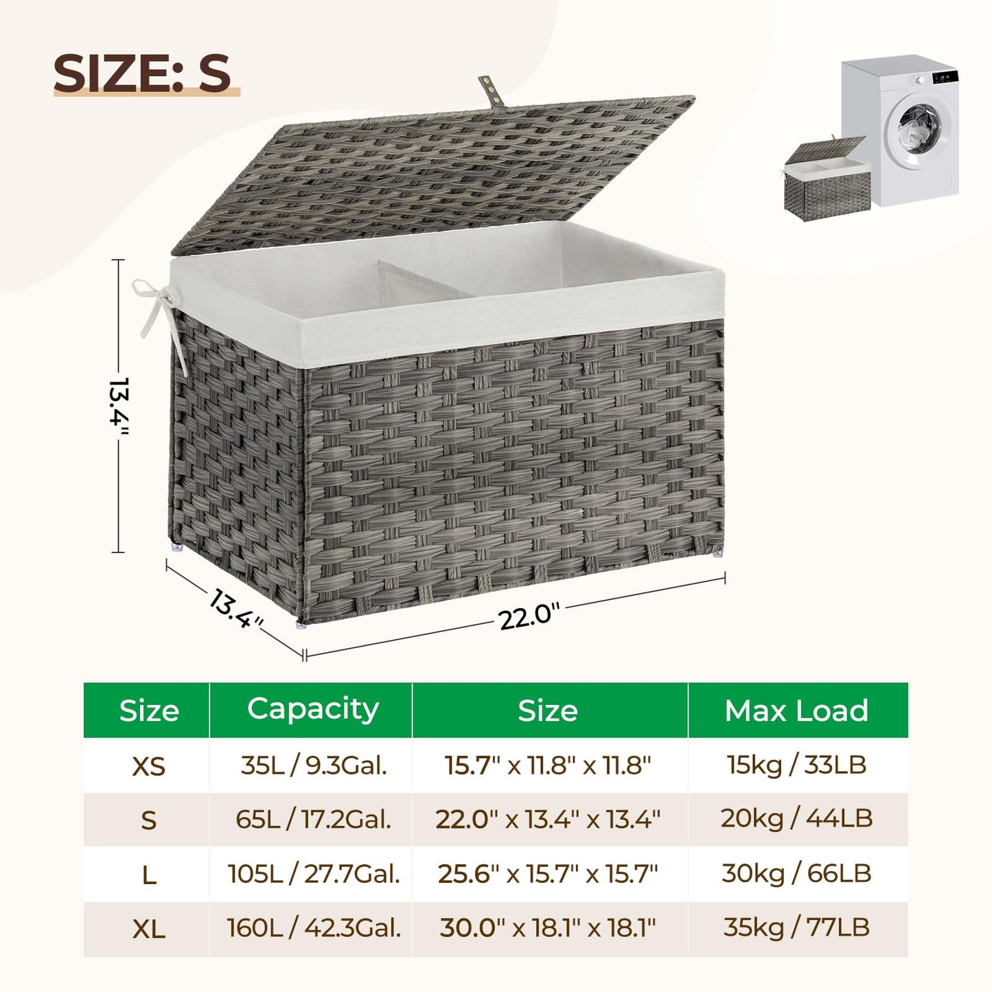 GREENSTELL Storage Basket with Lid, 17.2 Gallon(65L) Small Wicker Blanket Storage Basket with Handles, Foldable, 2 Removable Liner Bags, Metal Frame, for Bedroom, Laundry Room, Grey, 22.2"*13.4"*13.4"