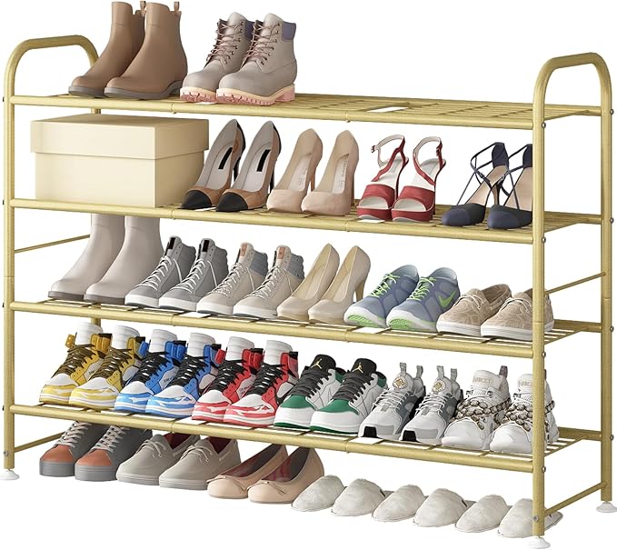 LINZINAR Shoe Rack 4 Tier Storage Organizer for Closet Entryway Metal Gold