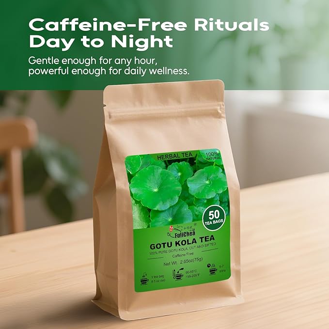 FullChea -Gotu Kola Tea, 50 Teabags - Premium Dried Gotu Kola Leaves - Natural Herbal Tea With Antioxidants & Minerals - Non-GMO - Caffeine-Free - Support Focus