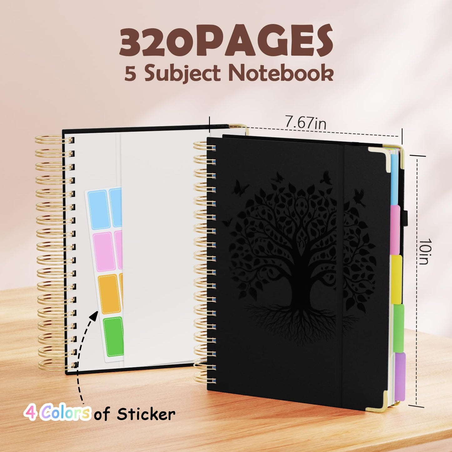 QIYVLOS Hardcover Spiral Notebook, B5 Journal with Removable Dividers Tabs, 5 Subject Notebook College Ruled, 320 Pages 8"x10" Leather Notebooks for Work School Study, Lined Journal for Women, Black
