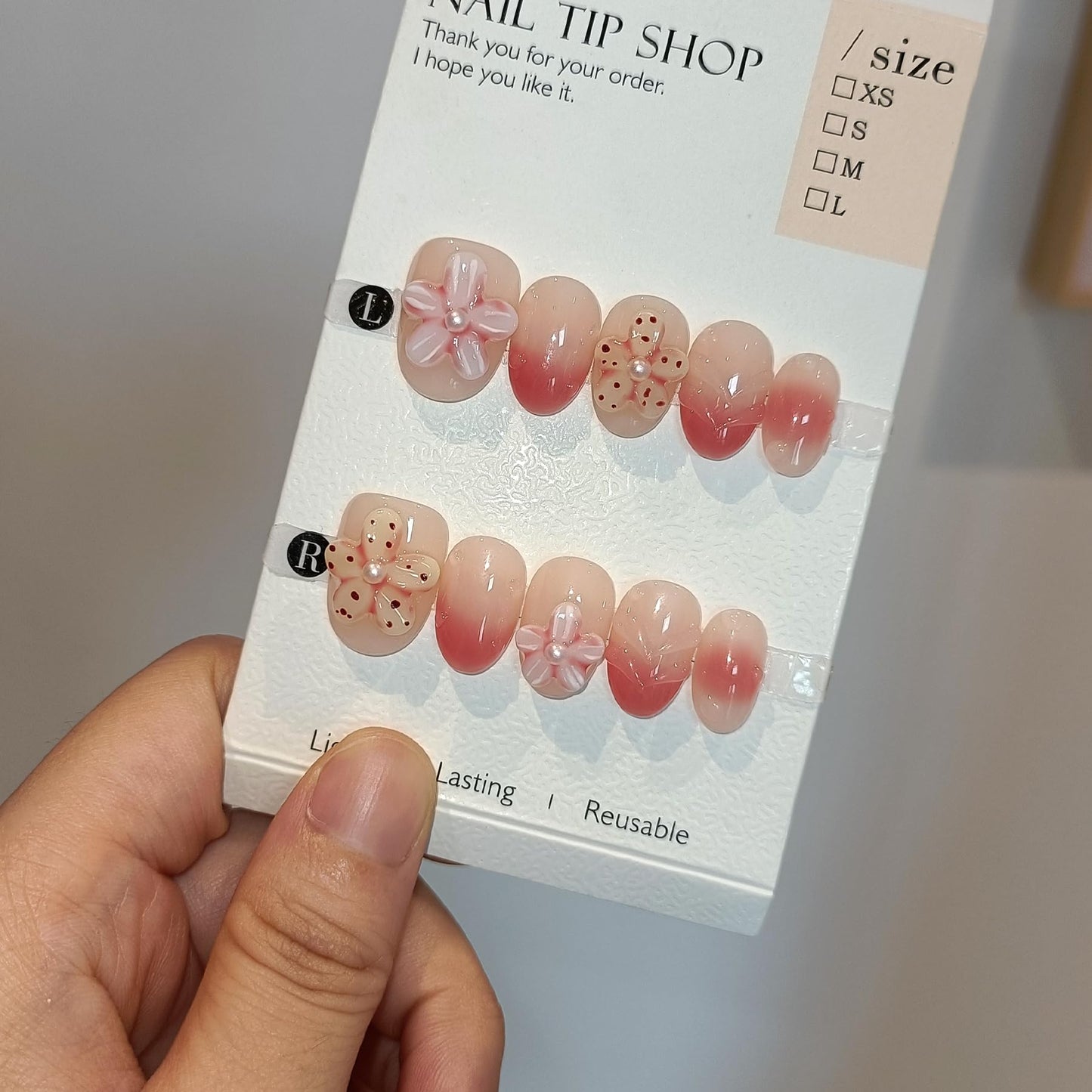 TENPAL Handmade Press On Nails Short Oval 10Pcs with Tools Kit, Coral Blush Gradient Pink Glue on Nails with Hand-Sculpted Flowers, Reusable Glossy Summer Beach Vacation Fake Nails for Teens Girls(L)