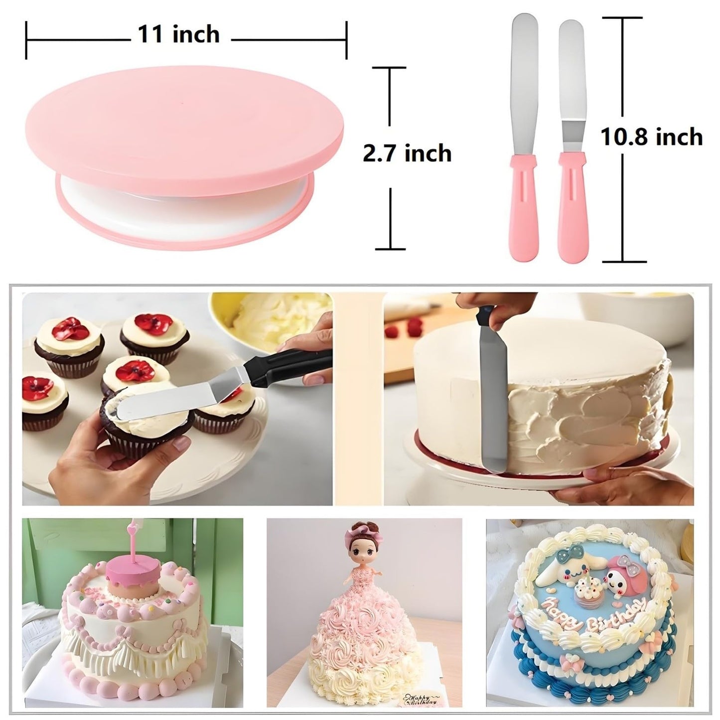 ANSLYQA Cake Decorating Kit, 298 Pcs with Cake Turntable, Leveler, 24 Numbered Icing Tips, 2 Spatulas, 3 Scrapers, 8 Carved Pens, 100 Pastry Bags, 100 Cupcake Liners & More Baking Tools, (Pink)