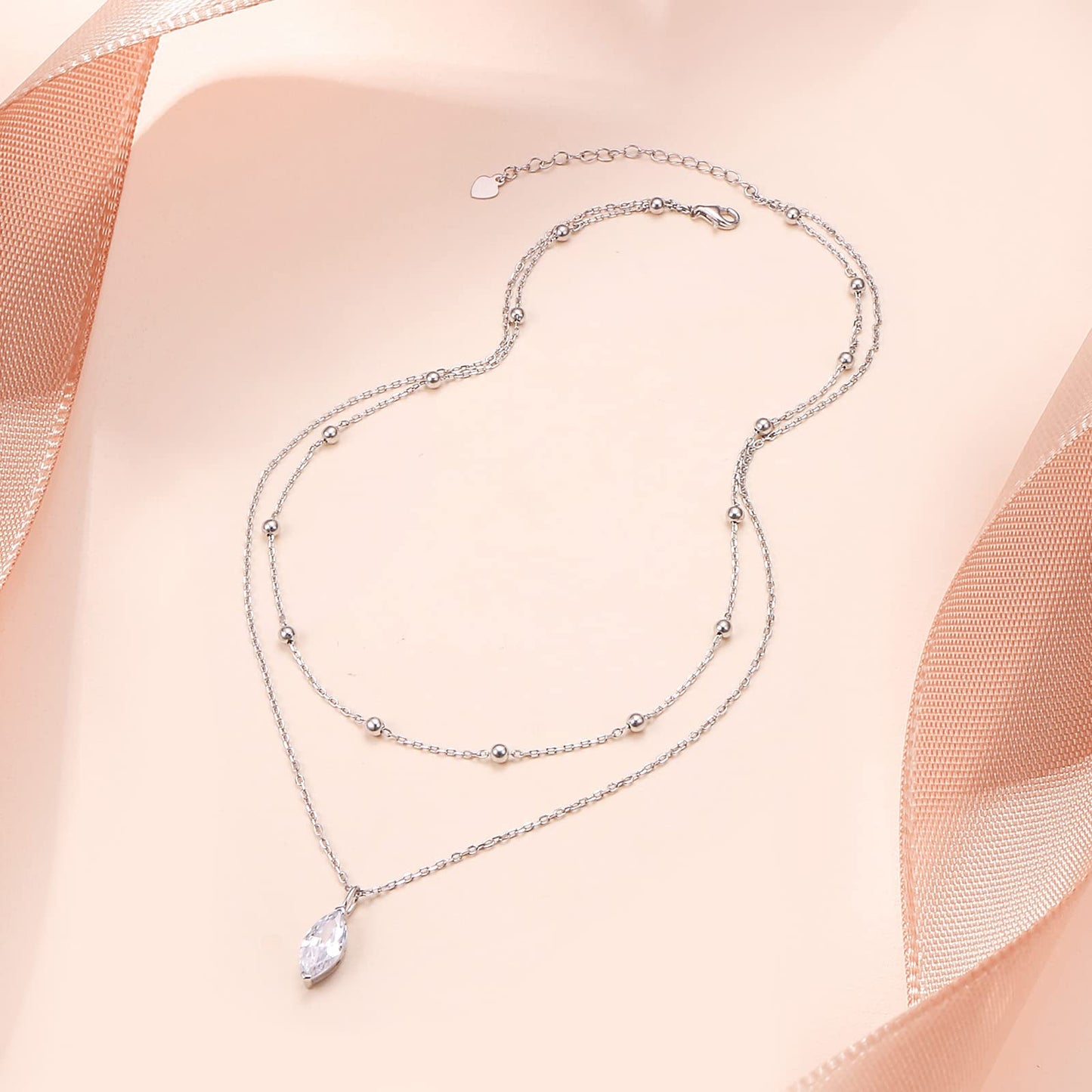 FLYOW Adjustable Layered Choker Necklace Cubic Zirconia Marquise Pendant Sterling Silver Solitaire Necklaces for Women Sisters Birthday Gifts