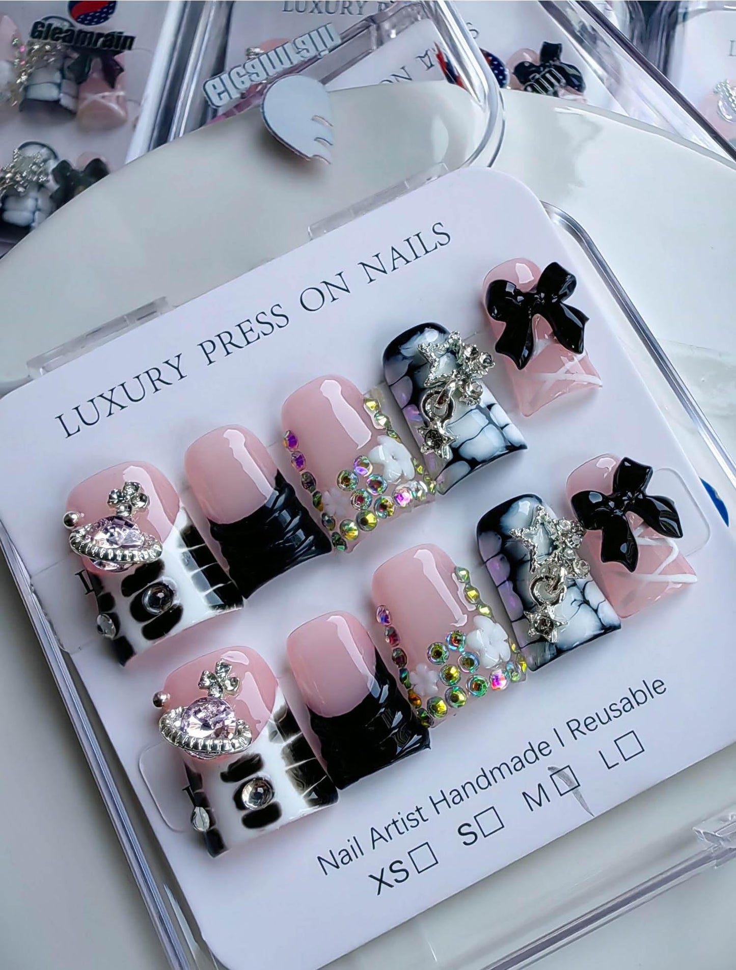 Gleamrain Handmade Press on Nails Duck Fake Nails Pink and Black Design with Rhinestones and Bow and Flower for Women 10pcs M Size Pattern 1101