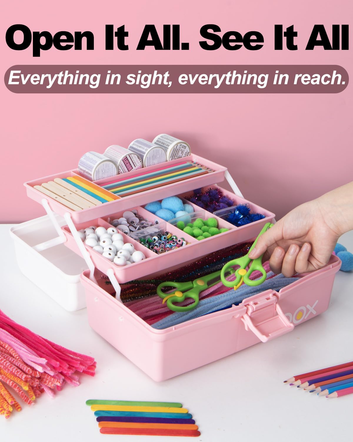 TERGOO 12in 3-Layer Plastic Craft Organizers and Storage, Portable Folding Tackle Box with Handle & Adjustable Dividers, Multipurpose Case for Sewing, Art Supplies, Medicine, Tools (White Pink)