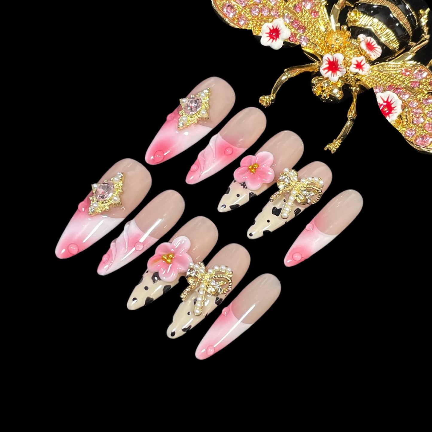 Handmade Press on Nails, Long Stiletto Acrylic False Nails with Pearl Bow, Pink Floral 3D Design, Vintage Rhinestone Embellished, Luxury Glamorous Set (Ribbon Elegance, L)