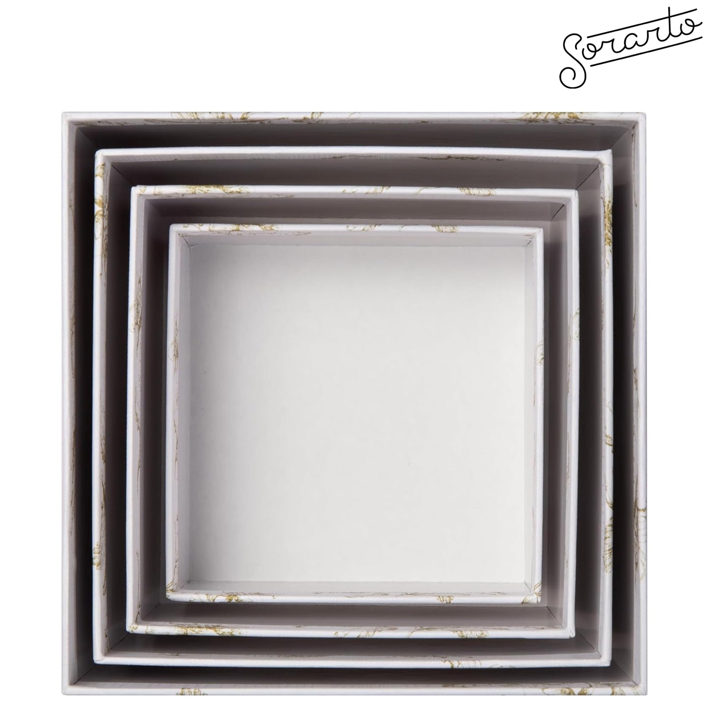 Sorarto Square Gift Boxes with Lids 4pc Set | White Gold Floral Nesting Gift Boxes for Presents Birthday Wedding Bridesmaid Christmas
