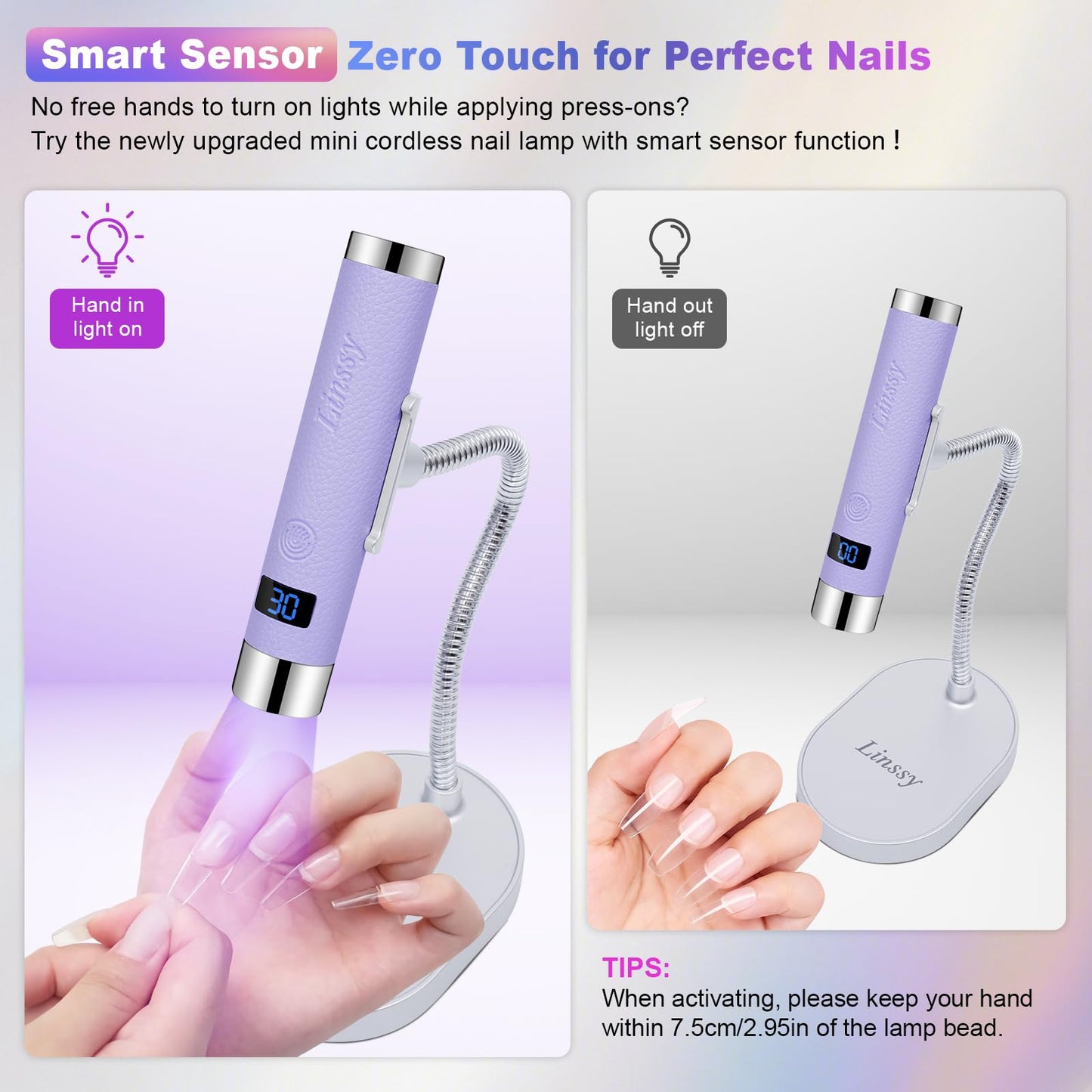 Linssy Mini UV Light for Nails with Auto Sensor & Gooseneck Stand,Portable Cordless Nail Lamp Flash Cure Lamp with LCD Display,Handheld UV Light for Gel Nails at Salon & Home Use (Purple)