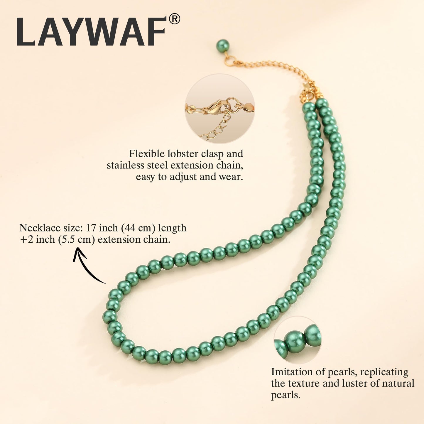 LAYWAF Green Imitation Pearl Necklaces for Women, 6MM Beaded Choker Necklace, Simple Fake Pearls Necklace, Faux Pearl Mom Necklace Costume Jewelry