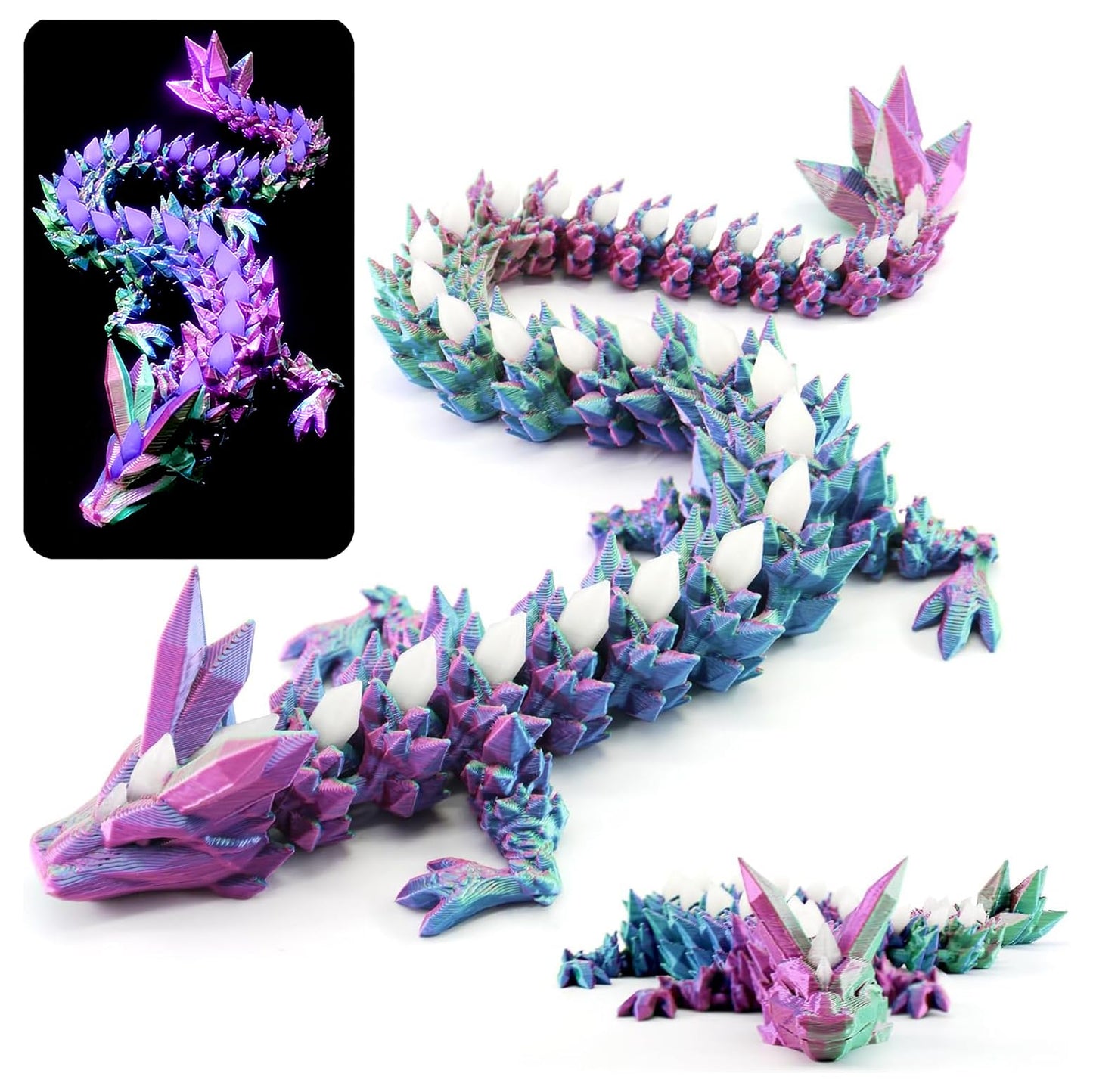 DEFORAGE 3D Printed Dragon Decoration, Glacier Crystal Dragon Glow in the Dark 3D Printed Animal Model, 3D Printed Dragon Statue Executive Desk for Home Office Decor Executive（Sky Blue&Rose red）