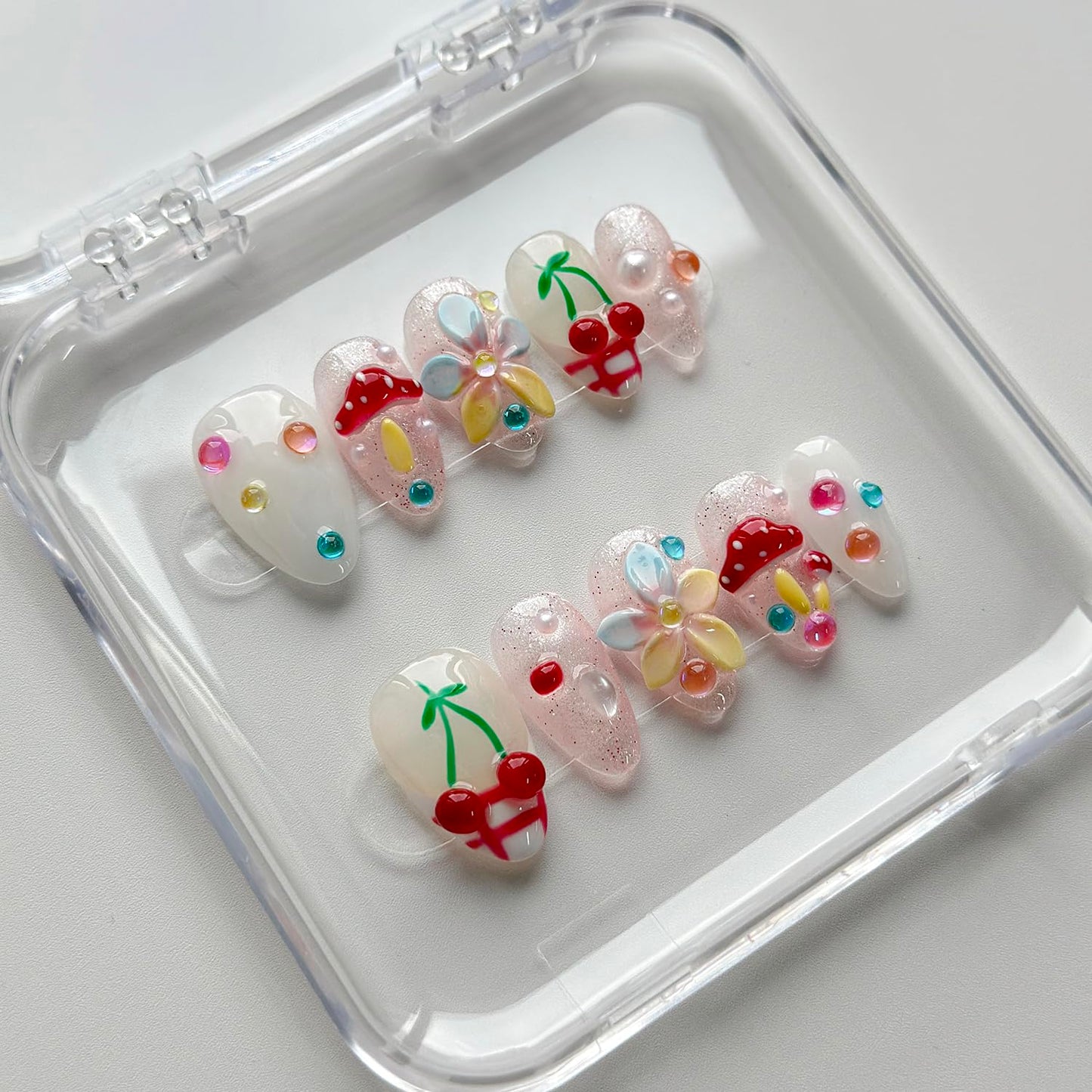 Luxury Press on Nails Short Almond Handmade 3D Unique Reusable ABS Material Fake Nails French Tip False Nails with Designs Mushroom Flower Glitter Glossy Glue on Nail Thick Acrylic Nail(M)