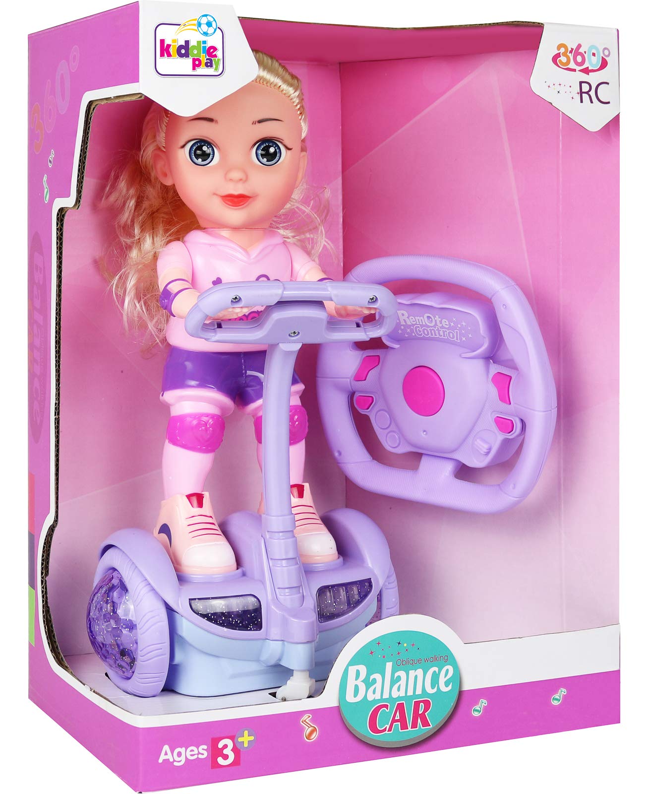 Doll Set with Remote Control Toy Electric Scooter for Kids with LED Lights Music and 360° Rotation