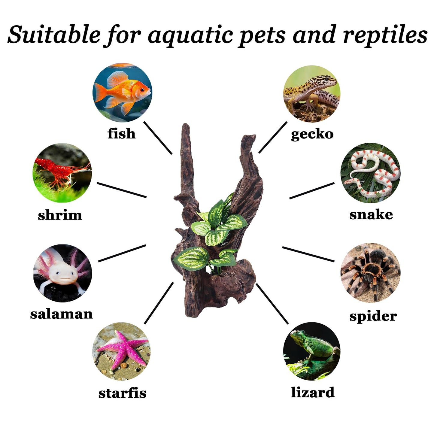 PEUILST Resin Simulation Driftwood Aquarium Decor, Fish Tank Landscape Ornament Hideout for Betta Goldfish Amphibians Reptiles Rest Play Accessories