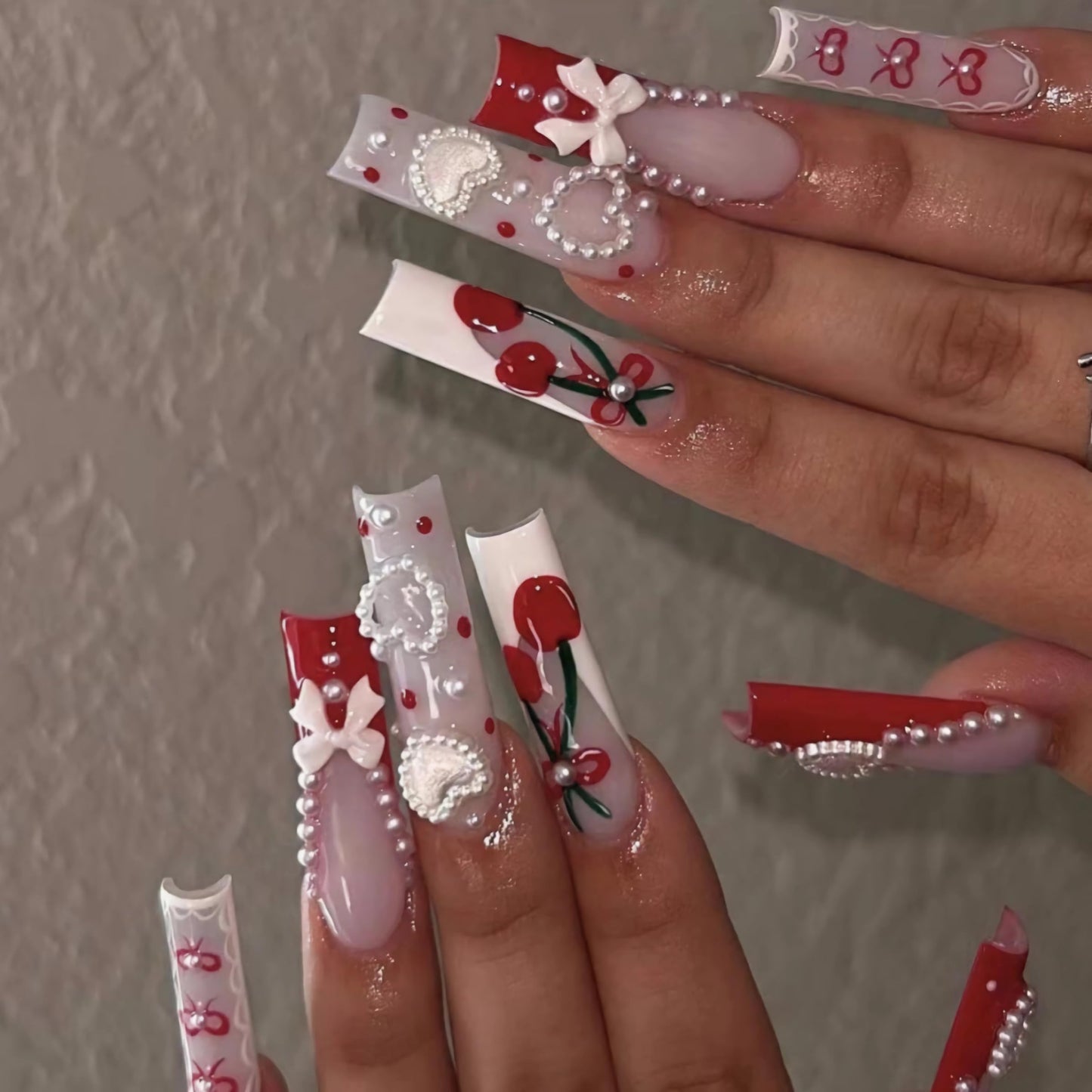 BABALAL Long Square Press on Nails, Red French Tip Heart Bow Charm Cute Cherry Glossy Acrylic Nails Squoval Glue on Nails 24 Pieces