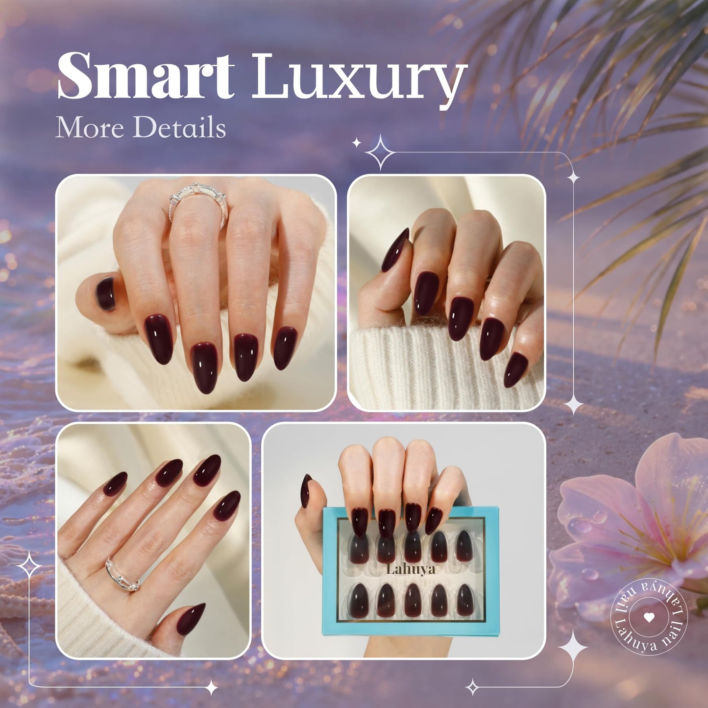 LAHUYA Press On Nails – Cocoa Bordeaux | Nail Artist Designed Short Almond Fake Nails with Dark Cocoa Red Glossy Finish, 15 Sizes – 30 Nails Kit with Glue
