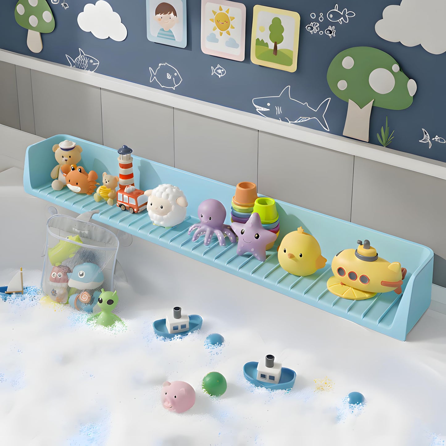 2.6 Feet Extra Wide Splash Barrier, Bathtub Splash Guard with 11 Suction Cups, Flexible Silicone Bathtub Splash Guard, Comes with a Toy Storage Bag (Blue)