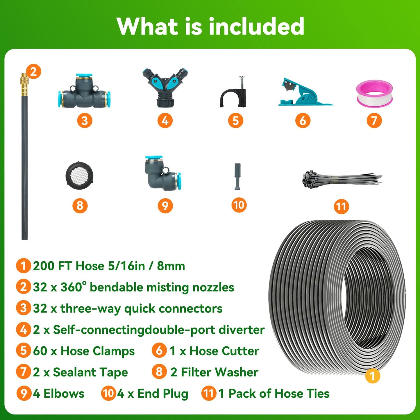 360°Adjustable Drip Irrigation System 200FT,5/16" Extra Long Garden Watering Kit with 32 Copper Nozzles,141Pcs Drip Irrigation Kit，Automatic Atomizing Plant Sprinkler for Large Yard, Greenhouse, Lawn