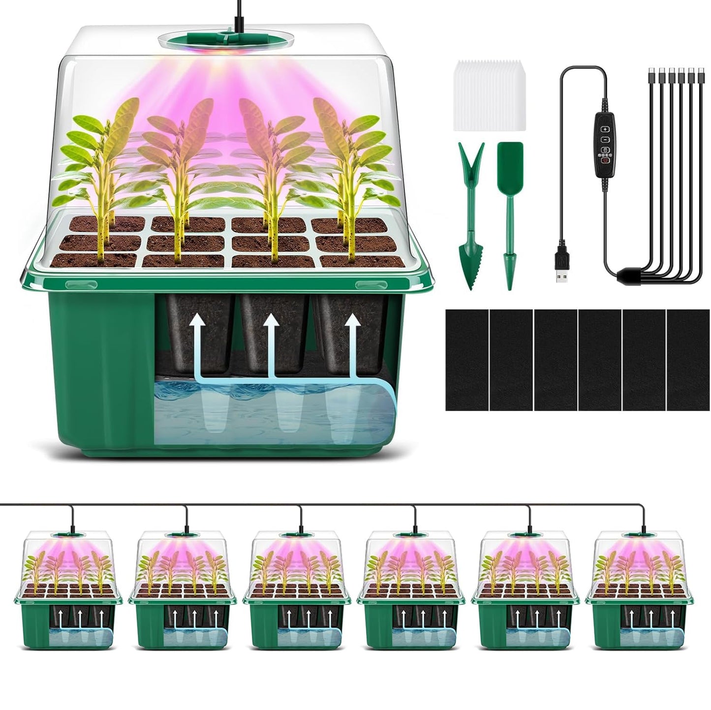 YAUNGEL Self-Watering Seed Starter Trays with Grow Light, 6-Pack 72-Cell Seed Starter Kit with Timing Controller Adjustable Brightness, Thicken Seed Starter Kit Humidity Dome Heightened Lids, Green