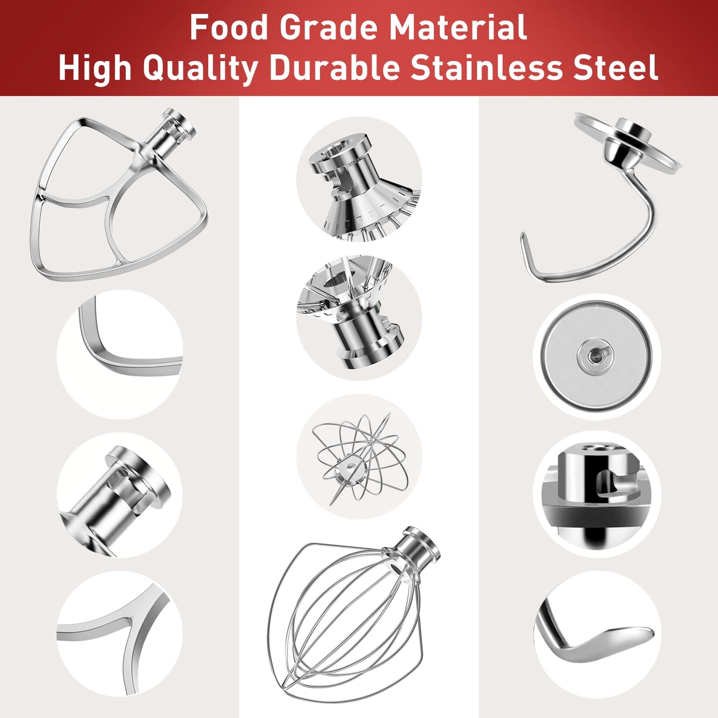 Stainless Steel Stand Mixer Attachments 3-Piece (4.5-5QT Flat Beater, 4.5-5QT Dough Hook, K45WW 6-Wire Whip Attachment) for KitchenAid Tilt-Head Stand Mixer and 4.5-5 Quart Bowl, Dishwasher Safe