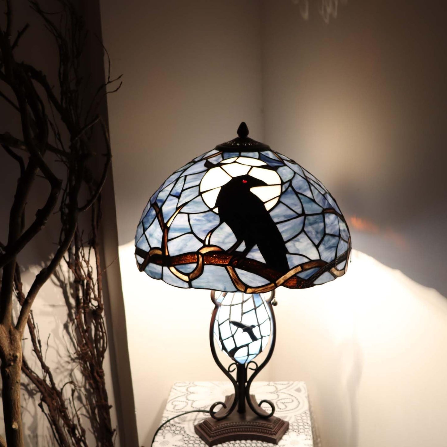 Bieye L10954 Raven Sitting on Bare Tree Branch in Full Moon Night Tiffany Style Stained Glass Table Lamp for Home Decor (Dark Blue, 16Wx24H)